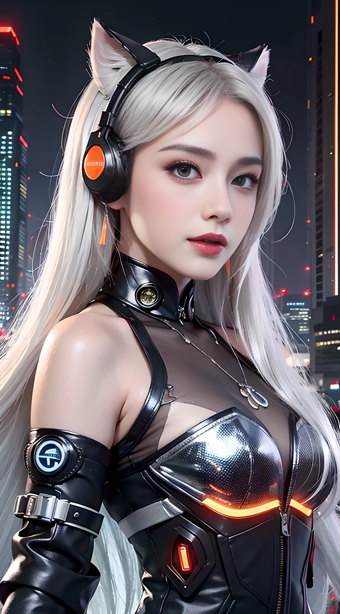 1 girl, Chinese_clothes, liquid silver and orange, cyberhan, cheongsam, cyberpunk city, dynamic pose, detailed luminous headphones, glowing hair accessories, long hair, glowing earrings, glowing necklace, cyberpunk, high-tech city, full of mechanical and futuristic elements, futuristic, technology, glowing neon, orange, orange light, transparent tulle, transparent streamers, laser, digital background urban sky, big moon, with vehicles, best quality, masterpiece, 8K, character edge light, Super high detail, high quality, the most beautiful woman in human beings, micro smile, face facing front and left and right symmetry, ear decoration, beautiful pupils, light effects, visual data, silver white hair, super detail facial texture