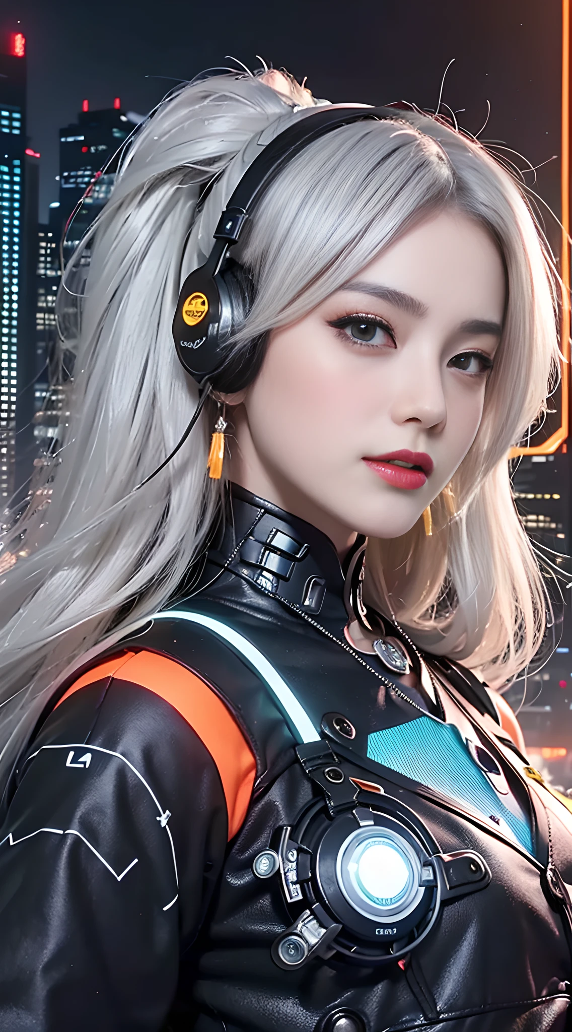 1 girl, Chinese_clothes, liquid silver and orange, cyberhan, cheongsam, cyberpunk city, dynamic pose, detailed luminous headphones, glowing hair accessories, long hair, glowing earrings, glowing necklace, cyberpunk, high-tech city, full of mechanical and futuristic elements, futuristic, technology, glowing neon, orange, orange light, transparent tulle, transparent streamers, laser, digital background urban sky, big moon, with vehicles, best quality, masterpiece, 8K, character edge light, Super high detail, high quality, the most beautiful woman in human beings, micro smile, face facing front and left and right symmetry, ear decoration, beautiful pupils, light effects, visual data, silver white hair, super detail facial texture