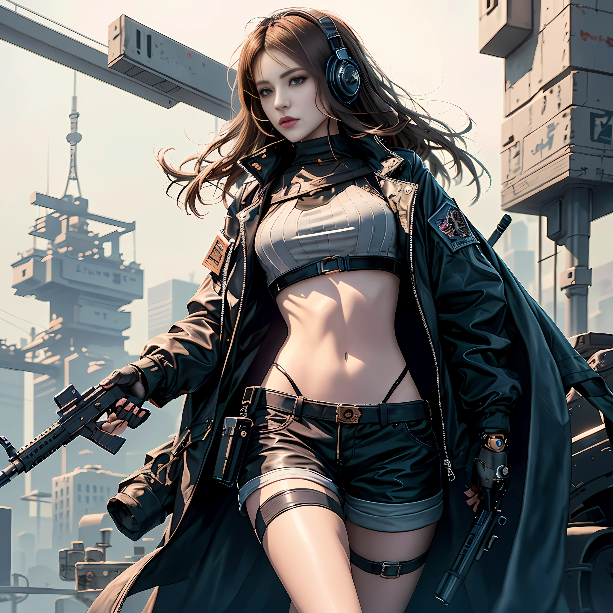 Il y a une femme dans une veste noire et un short tenant une arme à feu, female fille animée cyberpunk, fille animée cyberpunk, cyberpunk en colère magnifique déesse, belle fille cyberpunk, séduisant cyberpunk dark fantasy, Cyberpunk 2 0 ans. Ô fille modèle, fille cyberpunk, wojtek fus, digital art animé cyberpunk, art cyberpunk animé, art animé cyberpunk, beau modèle de femme cyberpunk, femmes cyberpunk