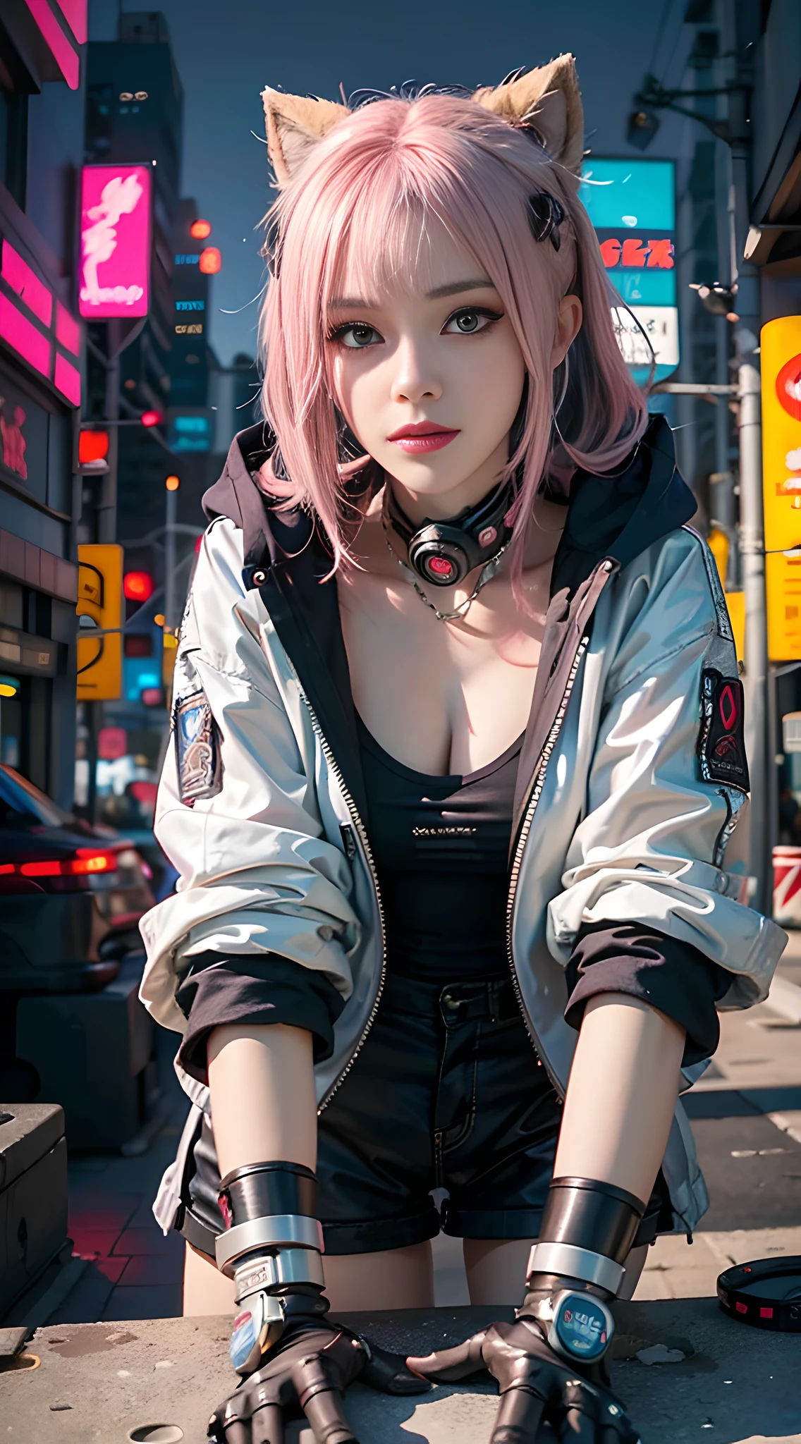 a woman with pink hair sitting on top of a wall, anime cyberpunk art, cyberpunk anime art, female cyberpunk anime girl, cyberpunk anime girl, dreamy cyberpunk girl, cyberpunk girl, anime cyberpunk, cyberpunk beautiful girl, digital cyberpunk anime art, a teen cyberpunk cyborg, neonpunk, young lady cyborg, high quality cyberpunk art, modern cyberpunk animeန