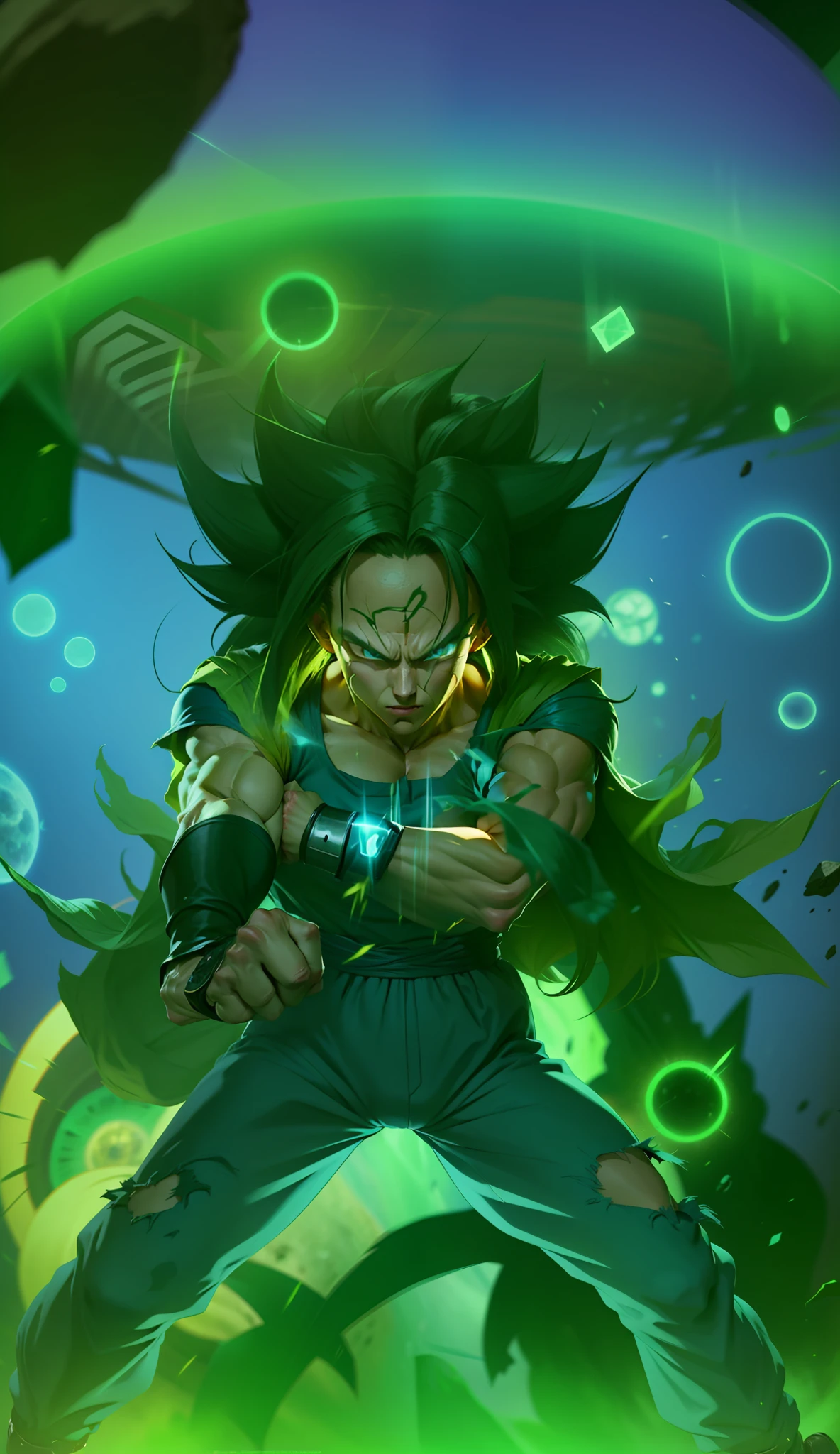 Android 17, ultra-detailed CG 8k wallpaper unit, best quality, better lighting, better shadow, dynamic pose, flying (if possible), super saiyan aura, fighting a worthy opponent, epic background, wide shot), Omnitrix watch.