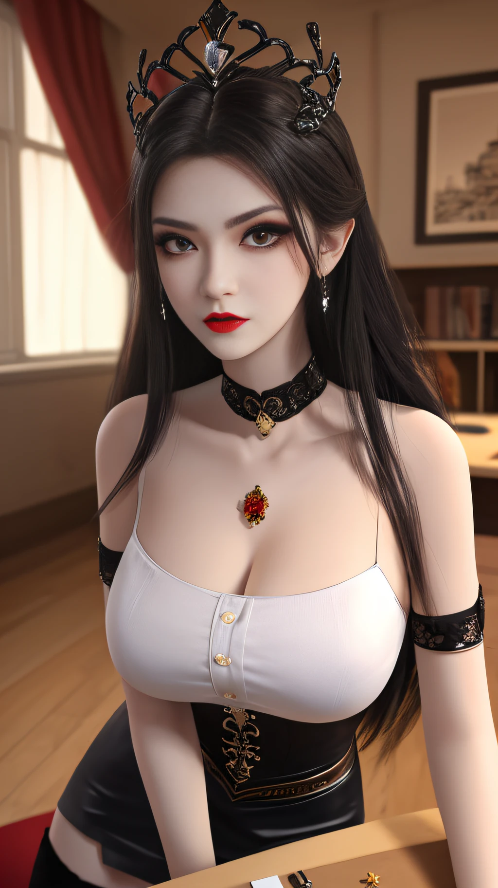 A beautiful queen, white shirt, black suit, black stockings, office, pen, beautiful face, long hair, mysterious neck and hair jewelry, light red iris, round big eyes, thin and sharp eyebrows, every detail details of meticulous and sharp eyelashes, red lipstick  lips, slender shoulders, (Big breasts: 1.2) Plump breasts, large, round and regular breasts, slender waist, RAW photos, detailed photos, highest quality photos, 8k queen, long legs, stockings,