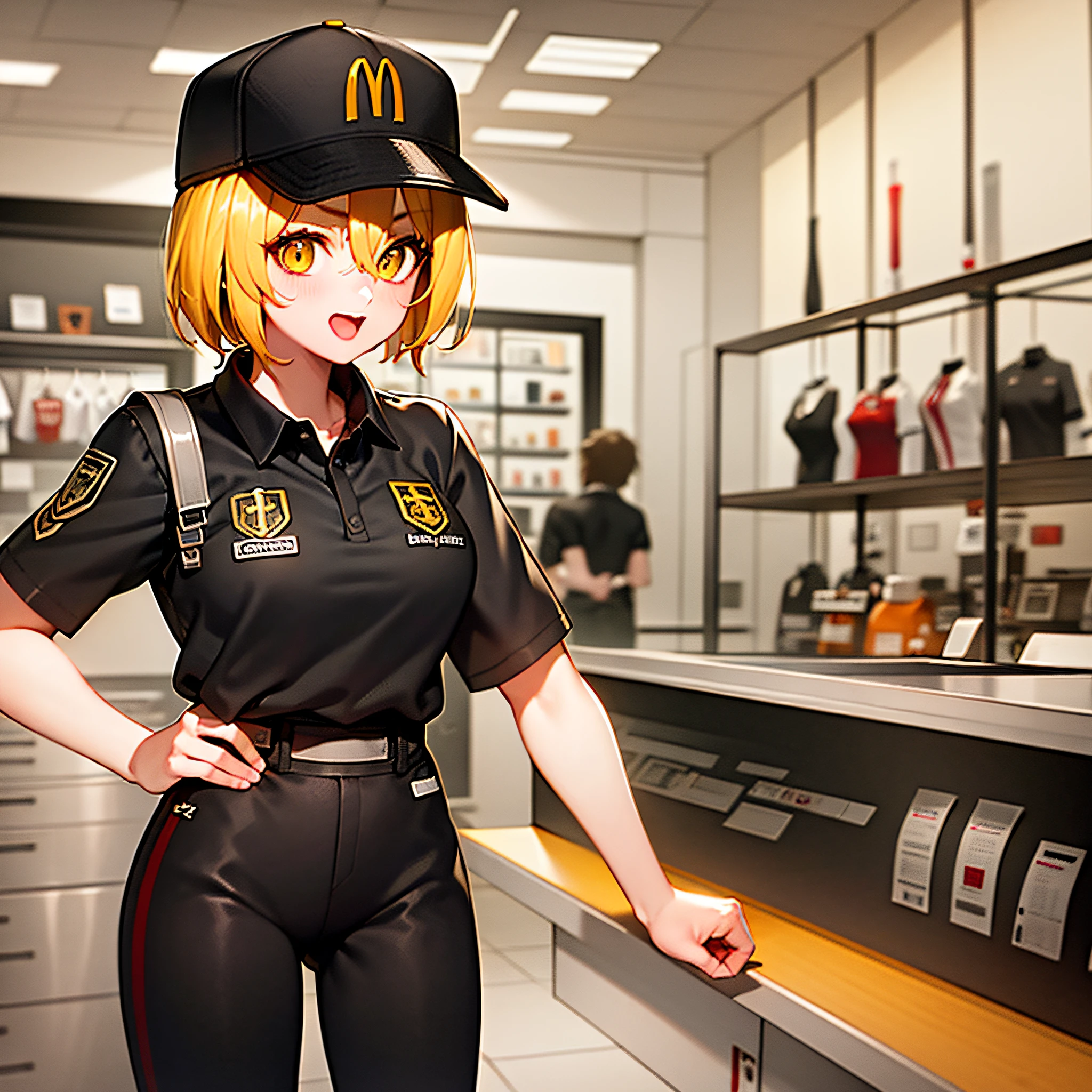 volumetric lighting, dynamic angle, 1girl, solo, female focus, happy, expressions, inside a store, night, don quixote \(limbus company\), blonde hair, McDonaldsUniform, shirt, black shirt, uniform, black pants, pants, cap, illustration, depth of field, ray tracing, cowboy shot, masterpiece, high quality, highres, high details, best quality, UHD