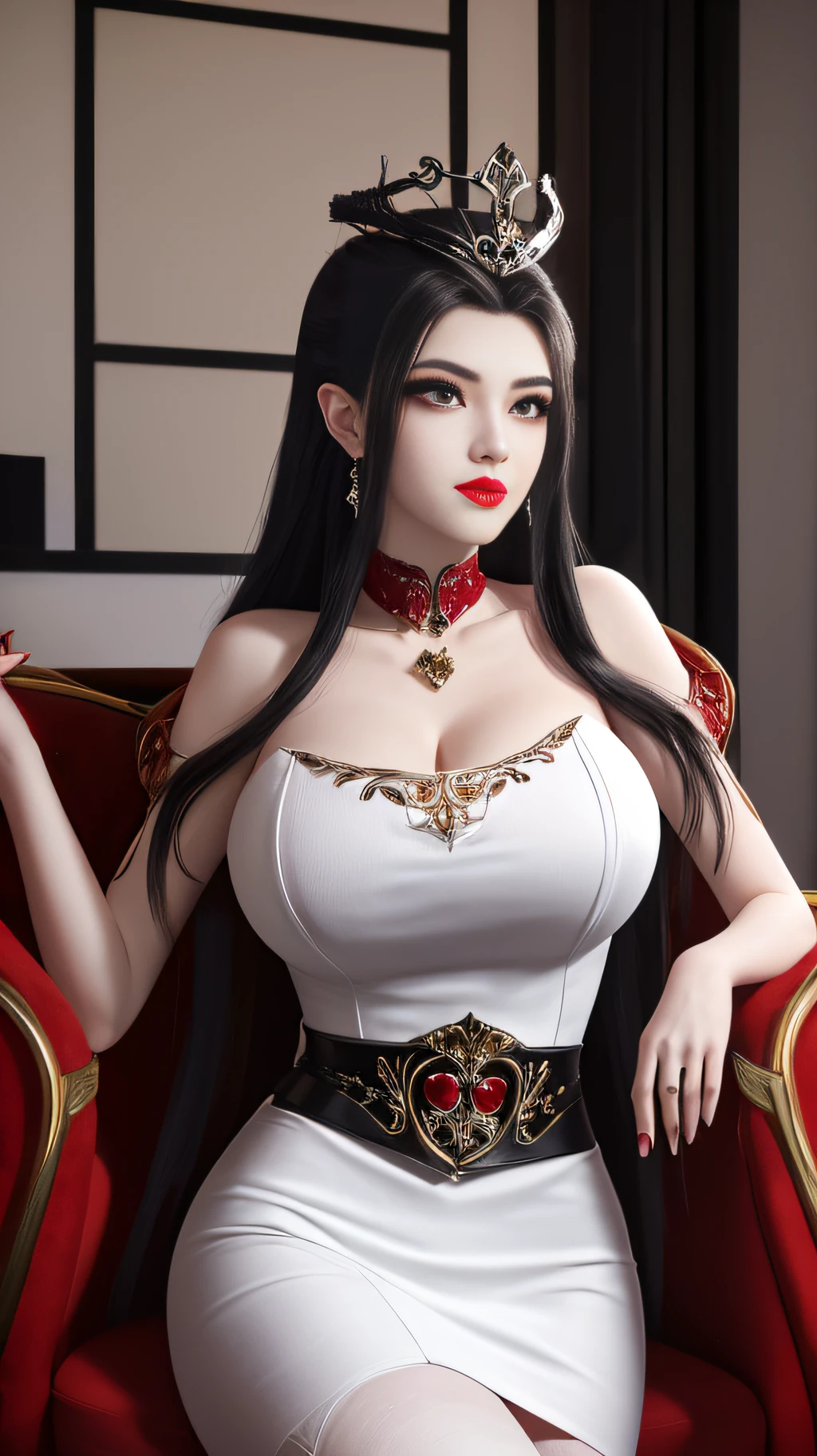 A beautiful queen, white shirt, black suit, black stockings, office, pen, beautiful face, long hair, mysterious neck and hair jewelry, light red iris, round big eyes, thin and sharp eyebrows, every detail details of meticulous and sharp eyelashes, red lipstick  lips, slender shoulders, (Big breasts: 1.2) Plump breasts, large, round and regular breasts, slender waist, RAW photos, detailed photos, highest quality photos, 8k queen, long legs, stockings,