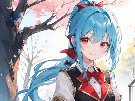 Creat a girl with tied ponytail with ribbon light-blue hair and striking sharp red eyes, she was wearing a fantasy high school uniform and had a warm smile on her face under tree