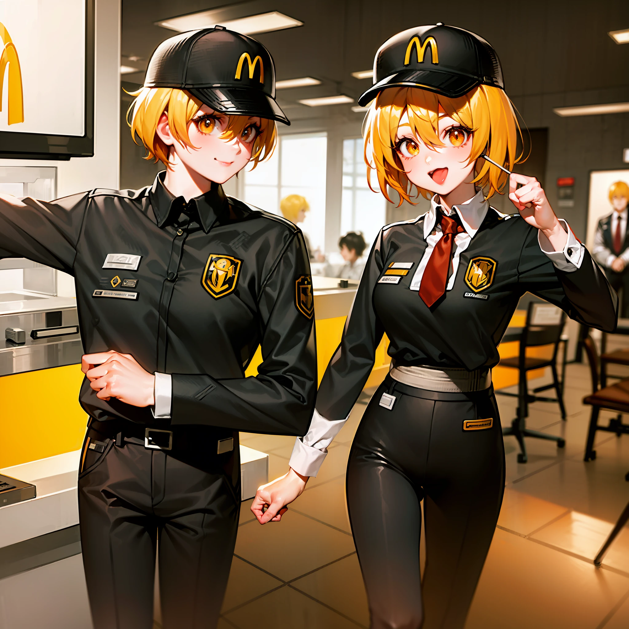 volumetric lighting, dynamic angle, 1girl, solo, female focus, happy, expressions, inside a mcdonalds, night, don quixote \(limbus company\), blonde hair, McDonaldsUniform, shirt, black shirt, uniform, black pants, pants, cap, illustration, depth of field, ray tracing, cowboy shot, masterpiece, high quality, highres, high details, best quality, UHD, eating a burger