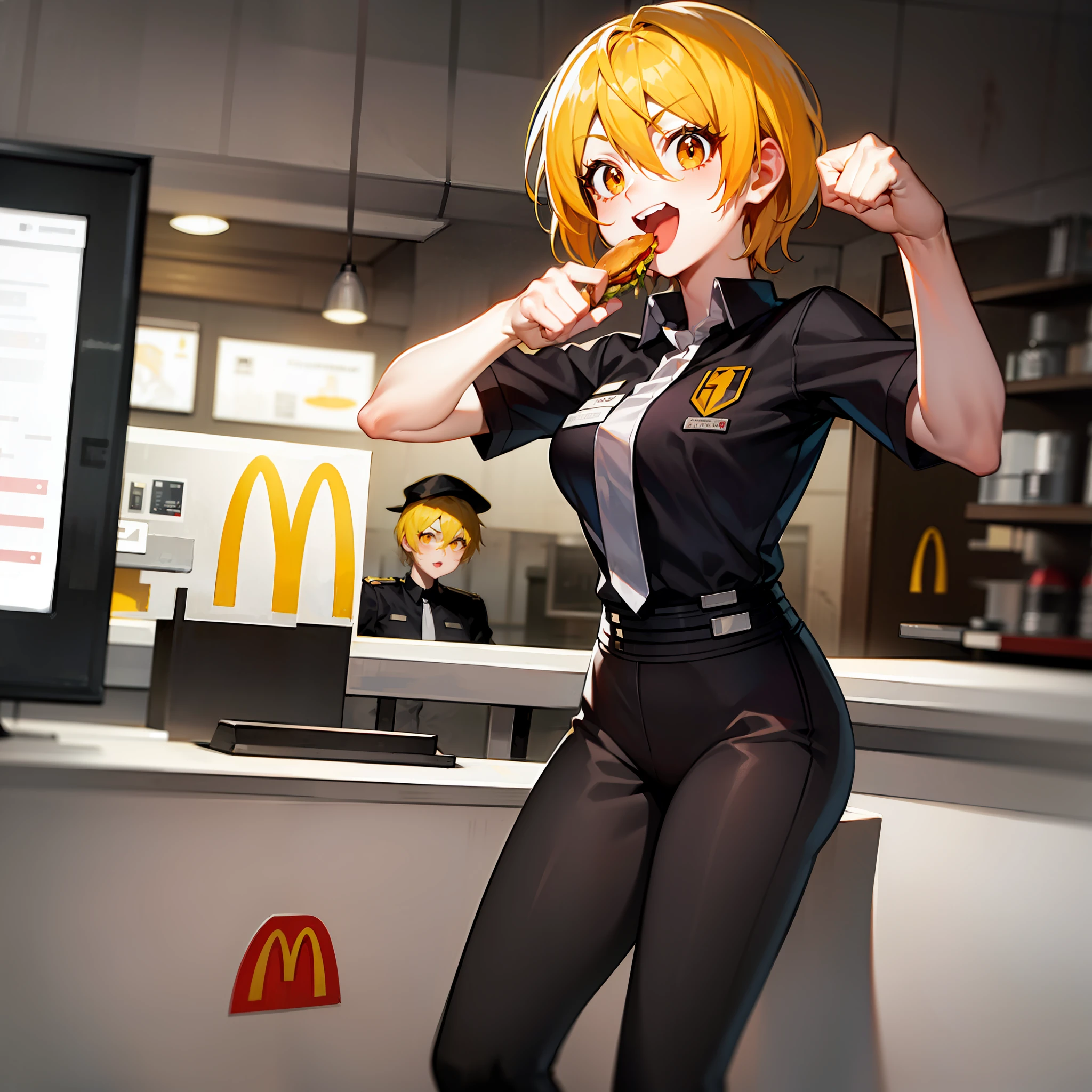 volumetric lighting, dynamic angle, 1girl, solo, female focus, happy, expressions, inside a mcdonalds, night, don quixote \(limbus company\), blonde hair, McDonaldsUniform, shirt, black shirt, uniform, black pants, pants, cap, illustration, depth of field, ray tracing, cowboy shot, masterpiece, high quality, highres, high details, best quality, UHD, eating a burger