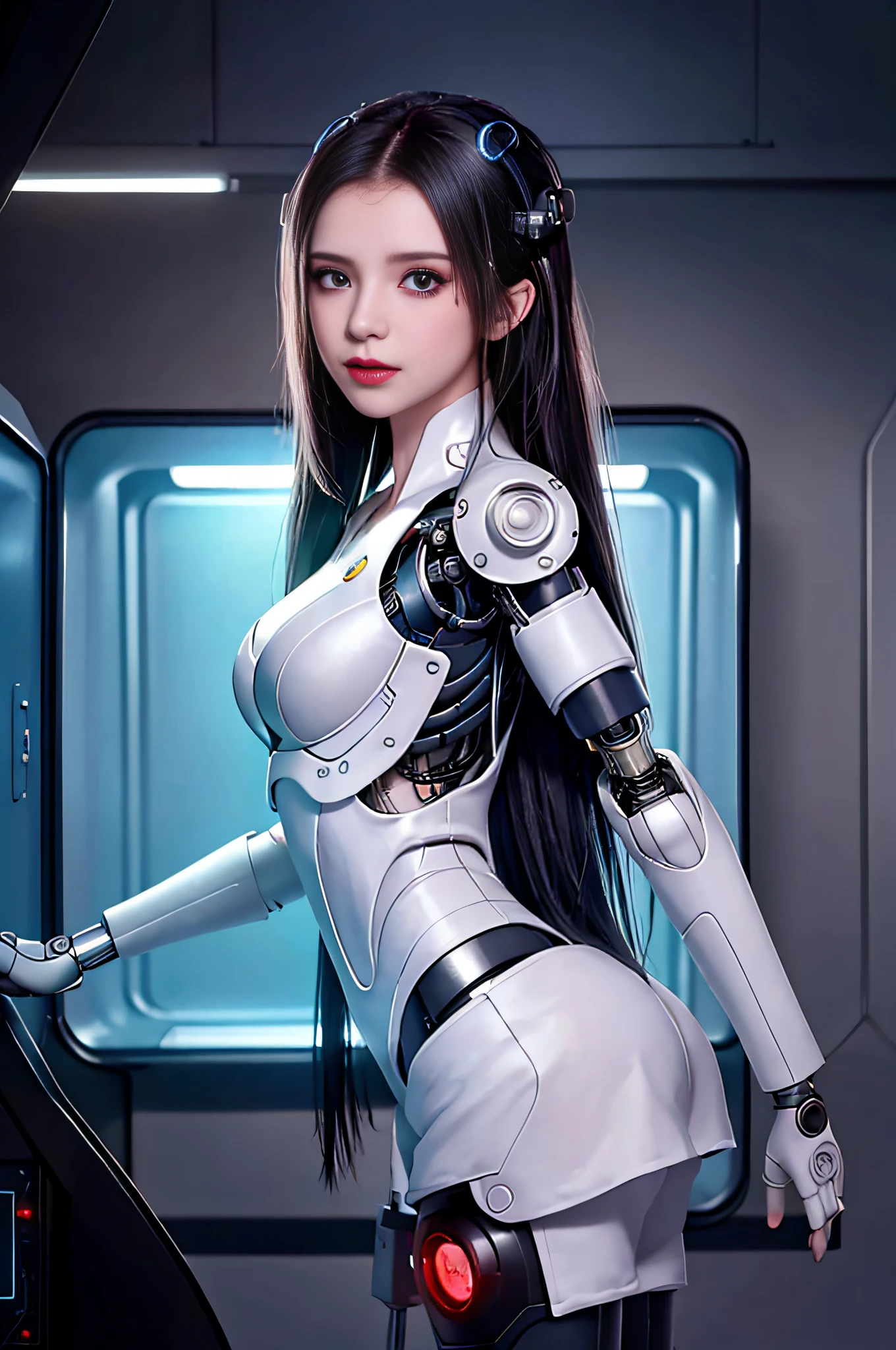 Dystopian, [sci-fi], High Detail RAW color Photo, Full Shot, of (cute female arterial intelligence, cybernetic enhancements), indoors, standing, (inside cryogenic chamber, in advanced cyberpunk research facility), toned physique, (small perky breasts, normal, large ass, (pale skin), (cybernetic implants:1.2), (augmentations), (cyborg:1.1), (detailed skin, diffused skin pores), silicone, metal, (highly detailed, fine details, intricate), (lens flare:0.4), (bloom:0.4), diffused soft lighting, raytracing, shallow depth of field, (Oliver Wetter), photographed on a Canon EOS 5D, 90mm micro lens, f/8, sharp focus, smooth, cinematic film still from Blade Runner 2049, [Cyberpunk:Dieselpunk:0.25]