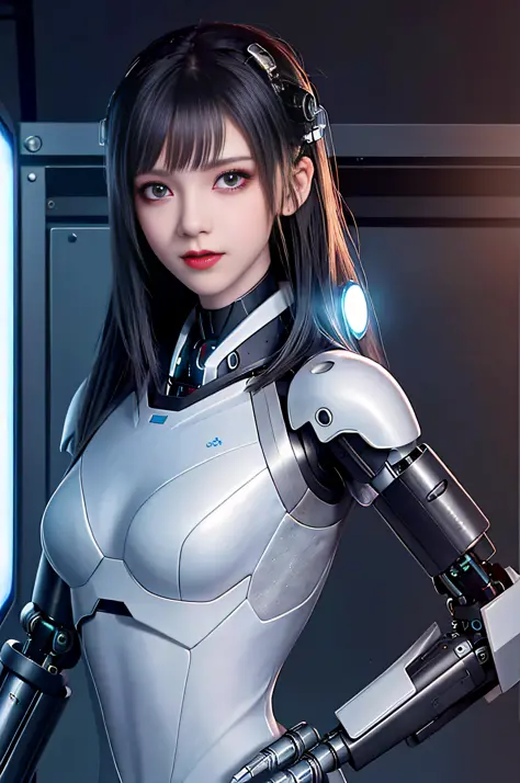 Dystopian, [sci-fi], High Detail RAW color Photo, Full Shot, of (cute female arterial intelligence, cybernetic enhancements), in...