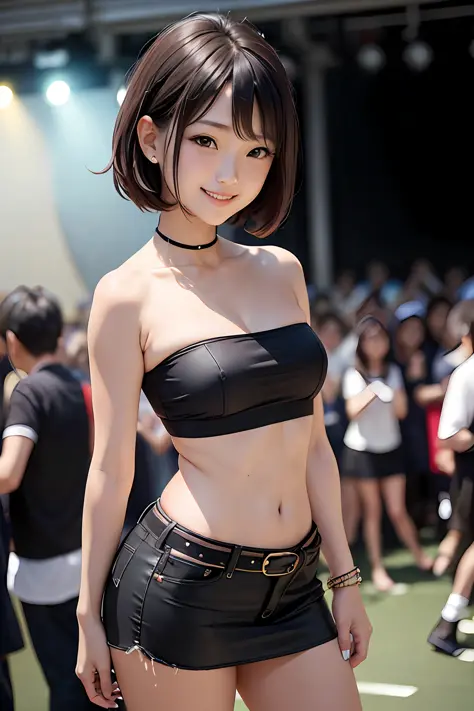 girl, Japan, dark hair, smile, tube top, mini skirt, in front of crowd, photo session --auto