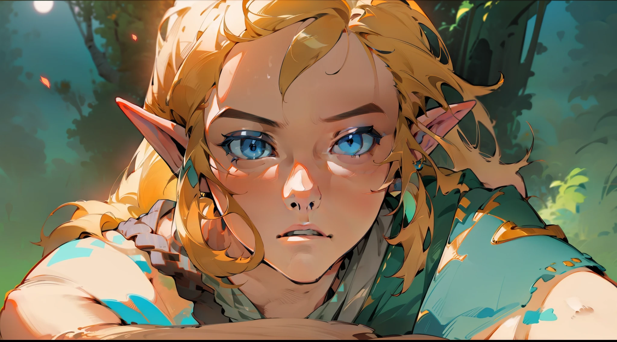 (8k, RAW photo, best quality, masterpiece: 1.2), (realistic, photorealistic: 1.37), (1boy) blond hair, (((/dull blue eyes/))), calm expression, closed mouth, (antique, covered and), (((NOT NSFW))) hyrule background, (((night))) moonlight, fantastic atmosphere, beautiful lights, perfect and detailed face,  beautiful and melancholy face, young elf man of 20 years, (((FULL BODY))) hyrule kingdom, dense forest, beautiful background, wallpaper, 8K