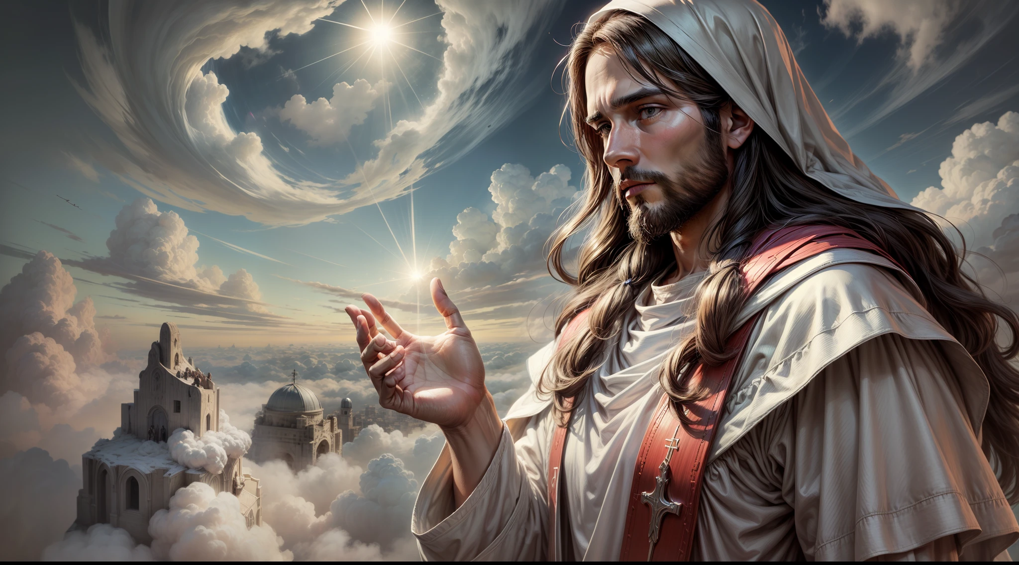 ((JESUS OF NAZARETH)), hovering over the clouds, 3, whole body, jesus christ, jesus, god of heaven, dressed as Jesus Christ, Lord and Savior, the God of heaven, glorious Jesus, coming out of the clouds, perfect face