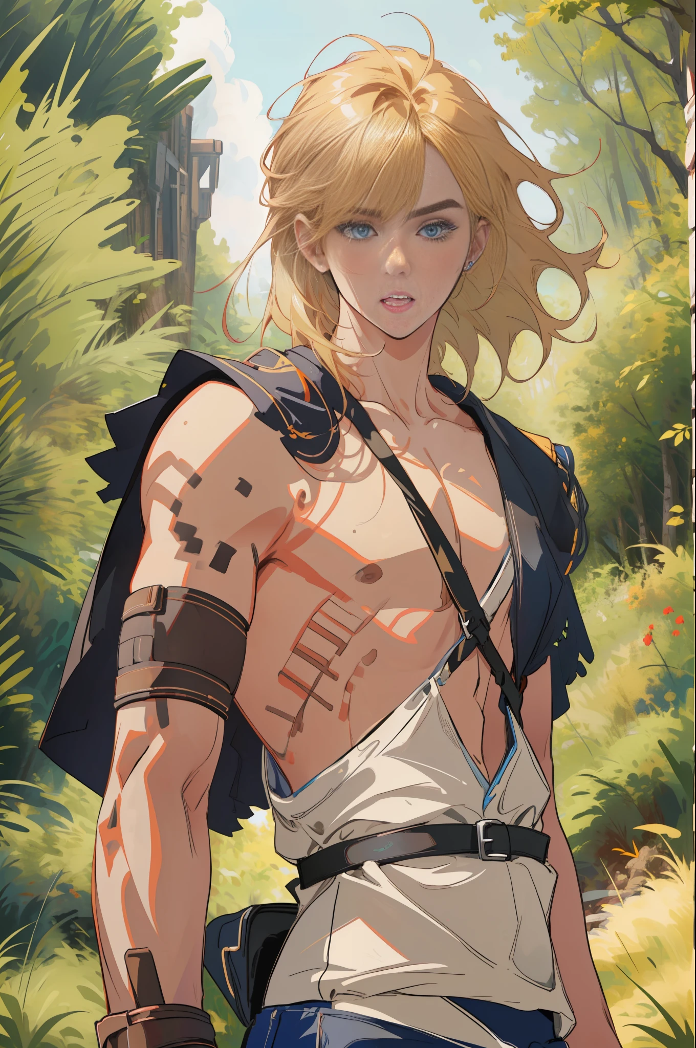 (Award Winning Digital Artwork:1.3) of (Ultra detailed:1.3) 1boy, leaning, seducing, blue eyes, blond hair, beautiful forest, shirtless, black thong, straps, harness, bondage,CGSociety,ArtStation