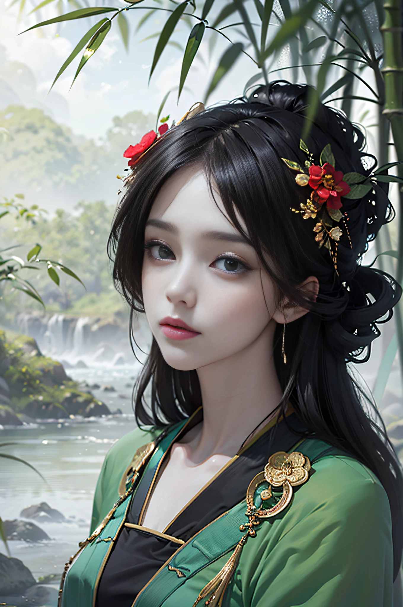 official art, Unity 8k wallpaper, super detailed, beautiful, beautiful, masterpiece, best quality, mystery, romanticism, horror, literature, art, fashion, tang dynasty era, decoration, intricate, embroidery, green hanfu, green tulle, 1 chinese girl, black hair, sad, fatalistic, bust composition, dramatic composition, movie lighting, dynamic perspective, sexy, full of temptation, deep in bamboo forest, bamboo forest in the bamboo forest, bamboo leaves falling, small red flowers, bamboo forest background, cloudy mist, dramatic composition,