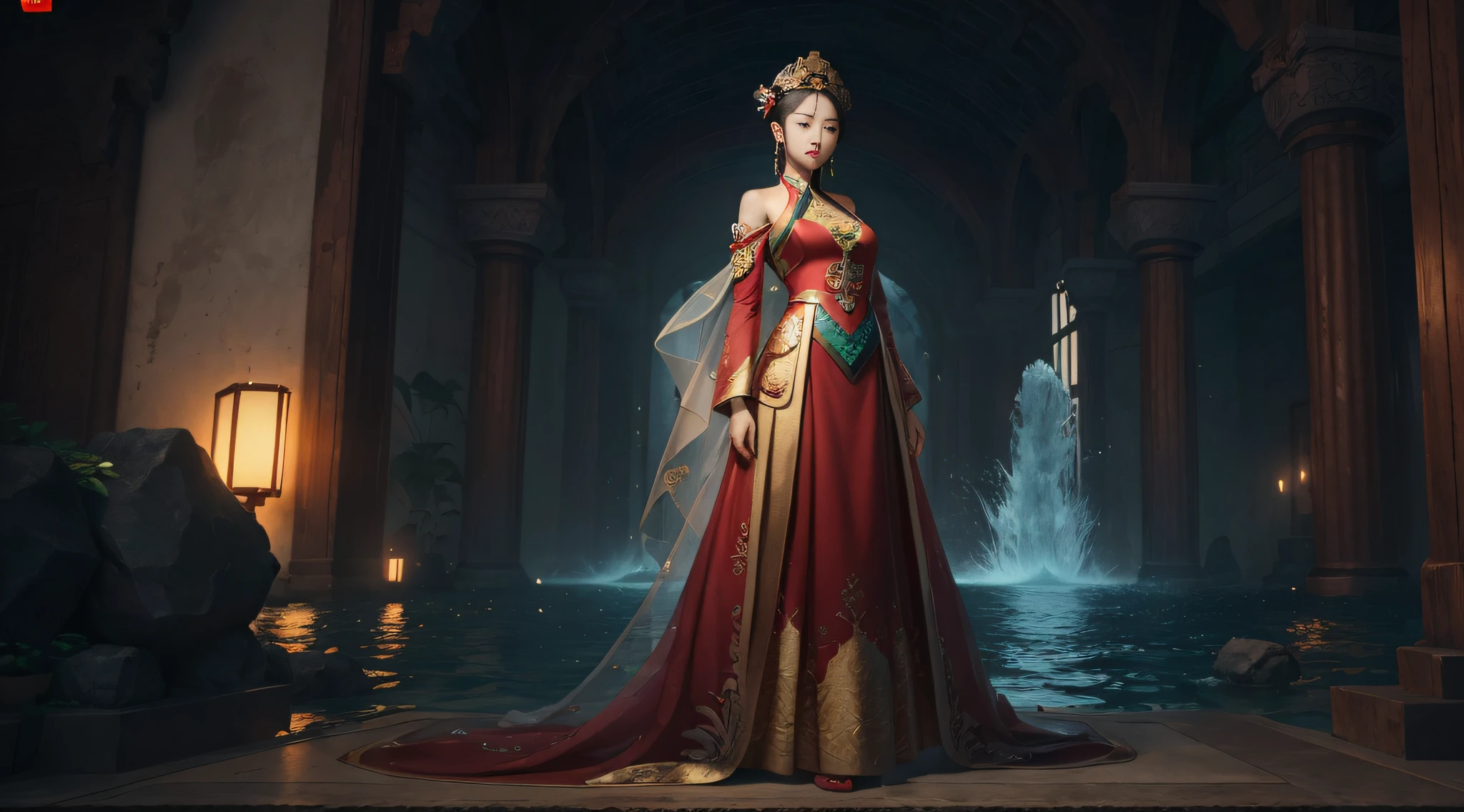 The image of Alafard of a woman in a red dress and earrings, Mu Yanling, Queen of the Sea, inspired by Shen Shizhen, inspired by Li Meishu, inspired by Huang Ji, inspired by Lan Ying, inspired by Qiu Ying, inspired by Ma Yuanyu, inspired by Wang Meng, full body fairy, inspired by Park Hua, 4K picture quality, PBR rendering, UE engine