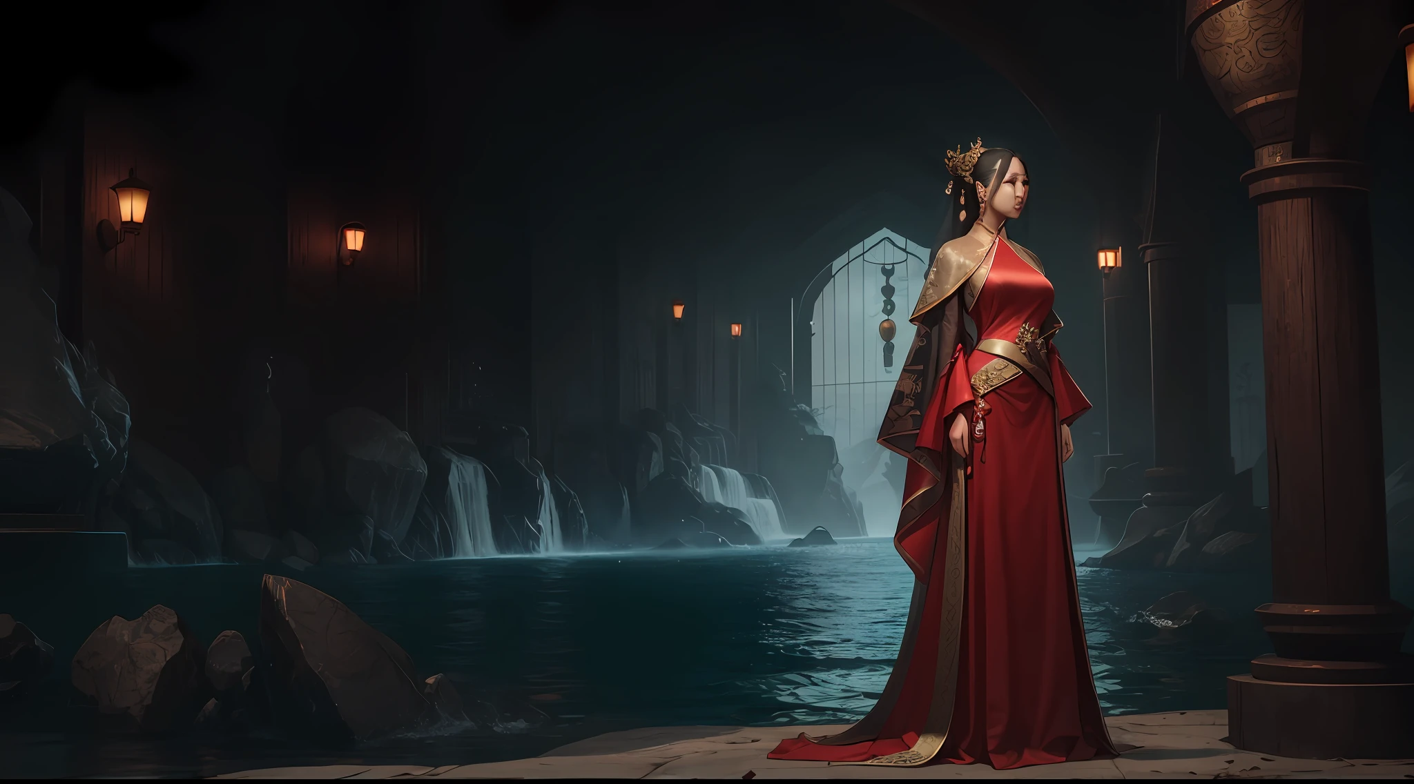 La imagen de Alafard de una mujer con un vestido rojo y aretes., mu yanling, reina del mar, inspirado en Shen Shizhen, inspirado en Li Meishu, inspirado en Huang Ji, inspirado en Lan Ying, Inspirado por Qiu Ying, inspirado en Ma Yuanyu, inspired by Wang Meng, Hada de cuerpo completo, inspirado en el parque hua, Calidad de imagen 4K, Renderizado PBR, motor UE