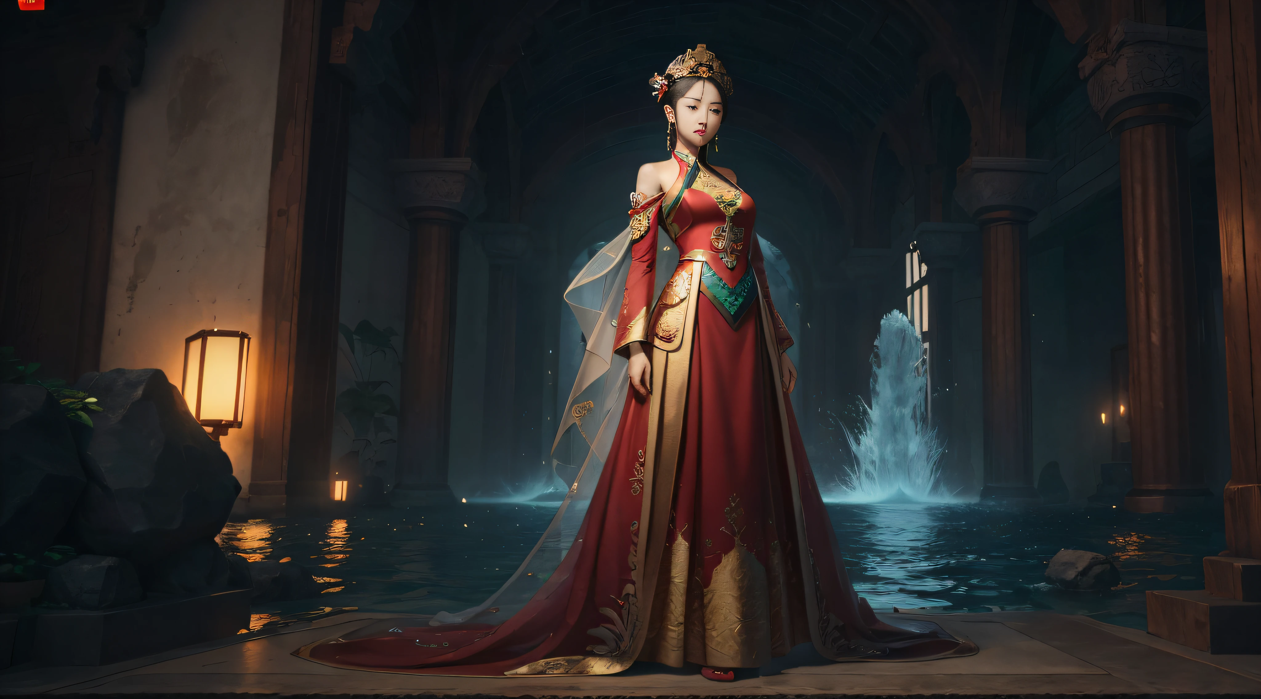 A imagem de Alafard de uma mulher com um vestido vermelho e brincos, Mu Yanling, Rainha do Mar, inspirado em Shen Shizhen, Inspirado por Li Meishu, Inspirado por Huang Ji, inspirado em Lan Ying, Inspirado por Qiu Ying, inspirado em Ma Yuanyu, inspirado em Wang Meng, fada de corpo inteiro, inspirado no Parque Hua, Qualidade de imagem 4K, Renderização PBR, Motor UE