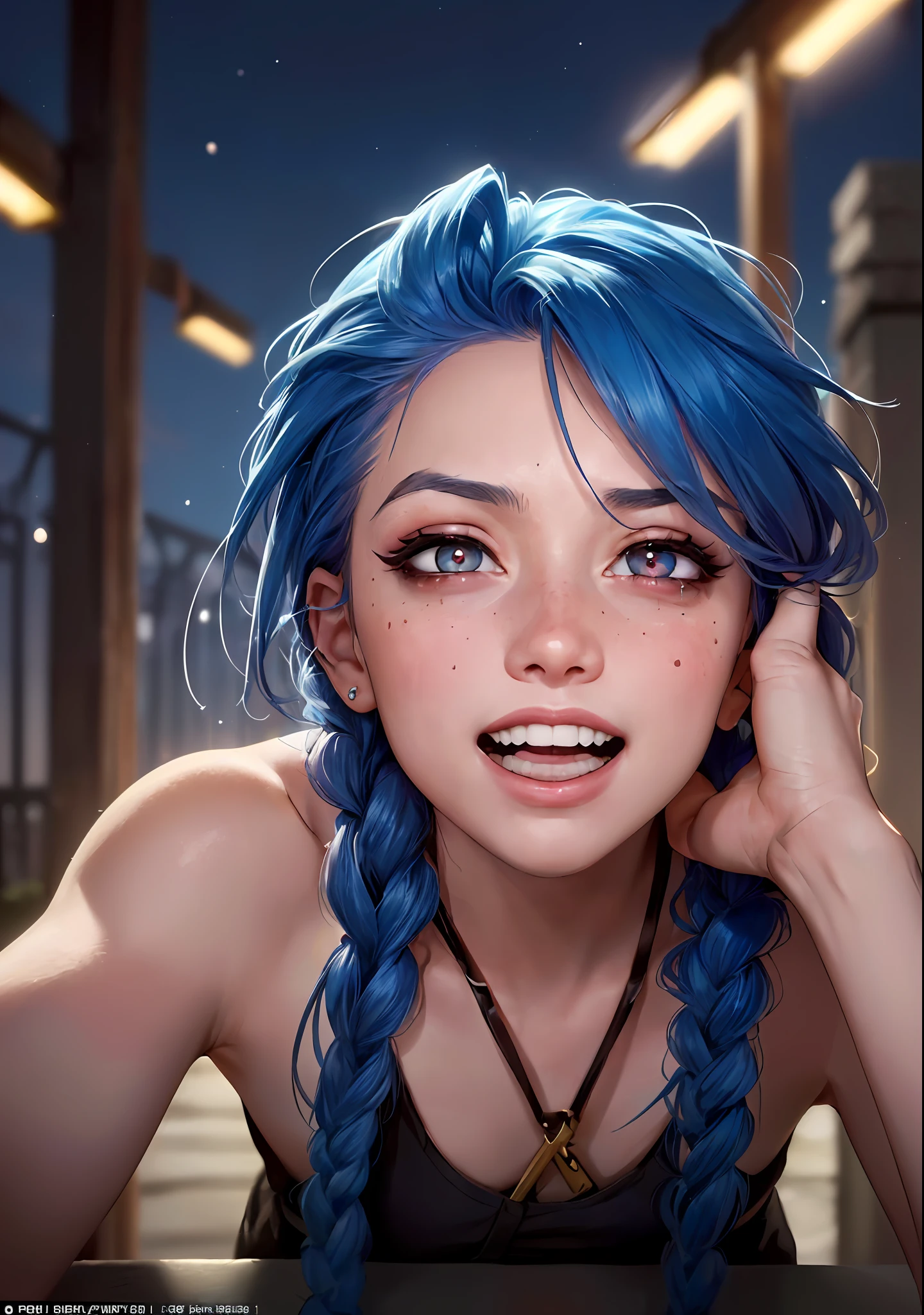 style, shooting style model, RAW (close portrait: 1.4) of (JinxLol:1.1), centered face, 1girl, (bright pink eyes: 1.7, blue hair), (shiny body), (hands off camera), looking at the viewer, (rotating machine gun), 
((badly: 1.3, lower head:1.3, night:1.3, scared:1.3, horrified:1.3, pupils constricted:1.7, crazy smile:1.6)), medium breasts, tattoo on the arm, tattoo on the stomach, best quality, epic (by Lee Jeffries photo, Sony A7, 50 mm, pores: 1.5, colors, hyperdetailed: 1.5, film grain: 1.4,
hyper-realistic: 1.5), hyper-realistic texture, masterpiece, unreal engine 5, extremely detailed CG unit 8k wallpaper, realistic eyes,
Crazily detailed photo, (ecstasy of light and shadow, deep shadow), (Winner of the Pulitzer Prize for Photography and the Taylor Wessing Prize for Photography)