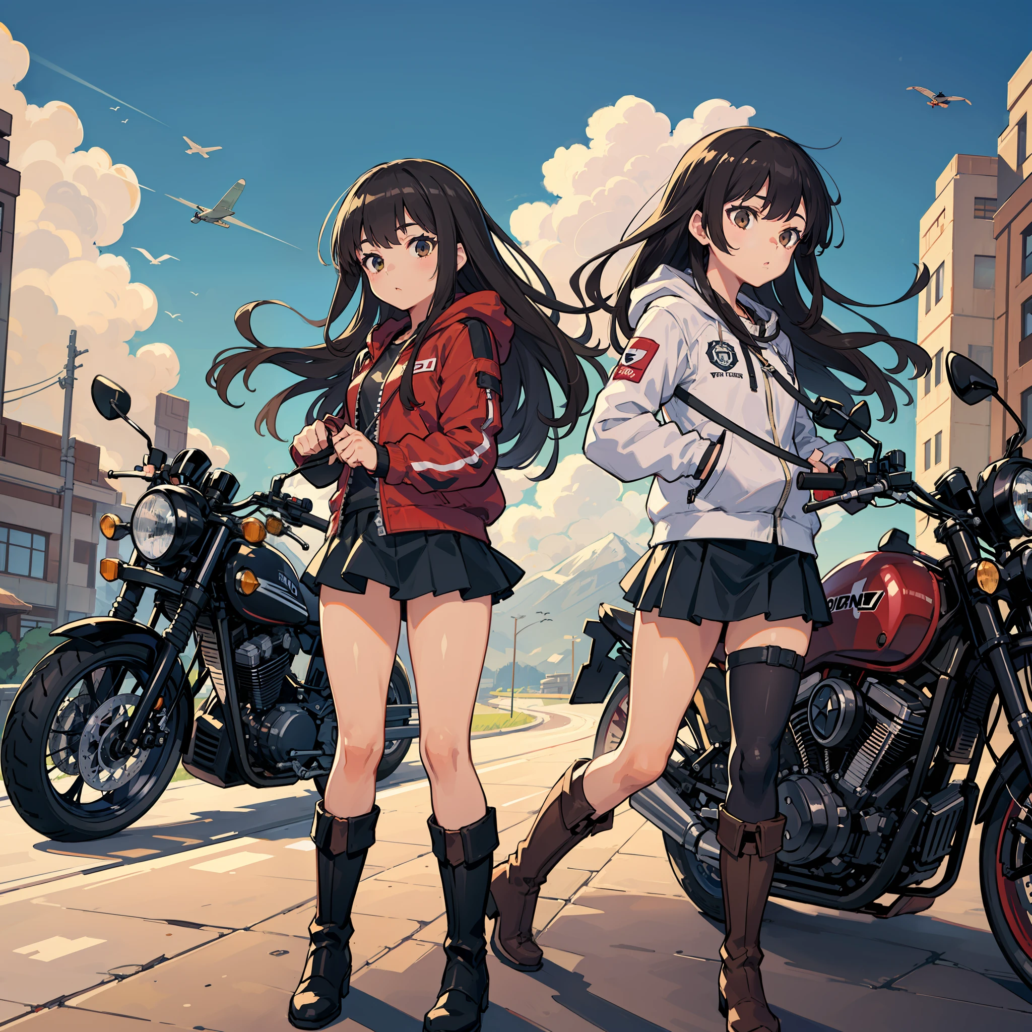 Two beautiful girls, black hair long hair, brown hair shortcut, fluttering hair, travel, motorcycle, touring, tandem, SR400, horizon, continent, flight jacket, riders jacket, hood, goggles, hot pants, mini skirt, knee support, boots, clear weather, morning sun, with dog