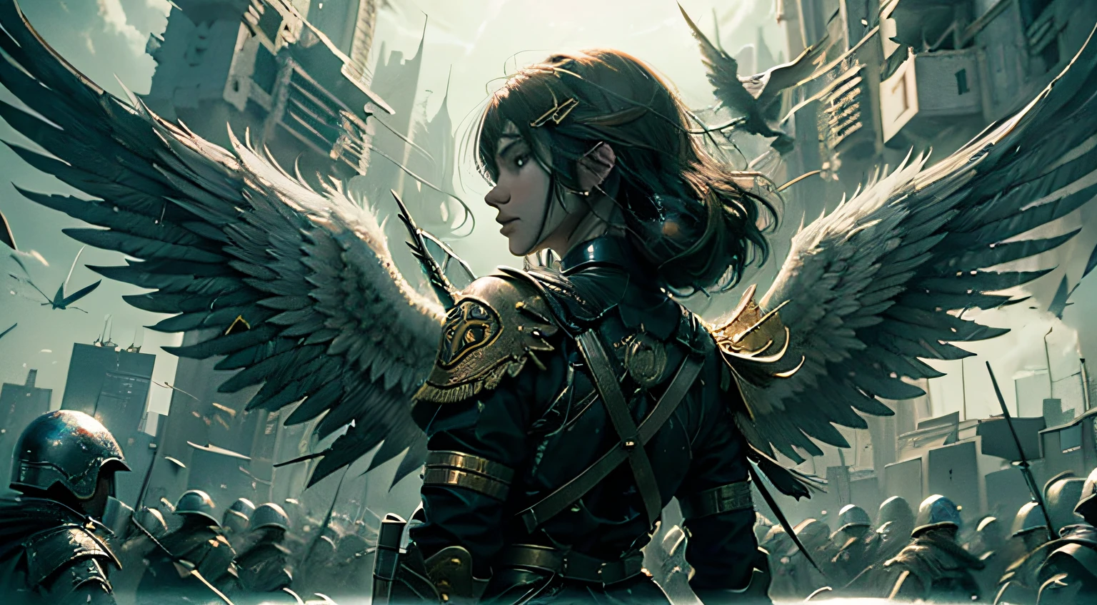 (extremely detailed 8k wallpaper) +, a mid-plane photo of a warrior, who is a herald of justice and bastion of morality, with wings on her back and a large golden dome around her, with a small enemy army advancing towards her, high detail, dramatic, sharp focus, detailed, backlighting --auto