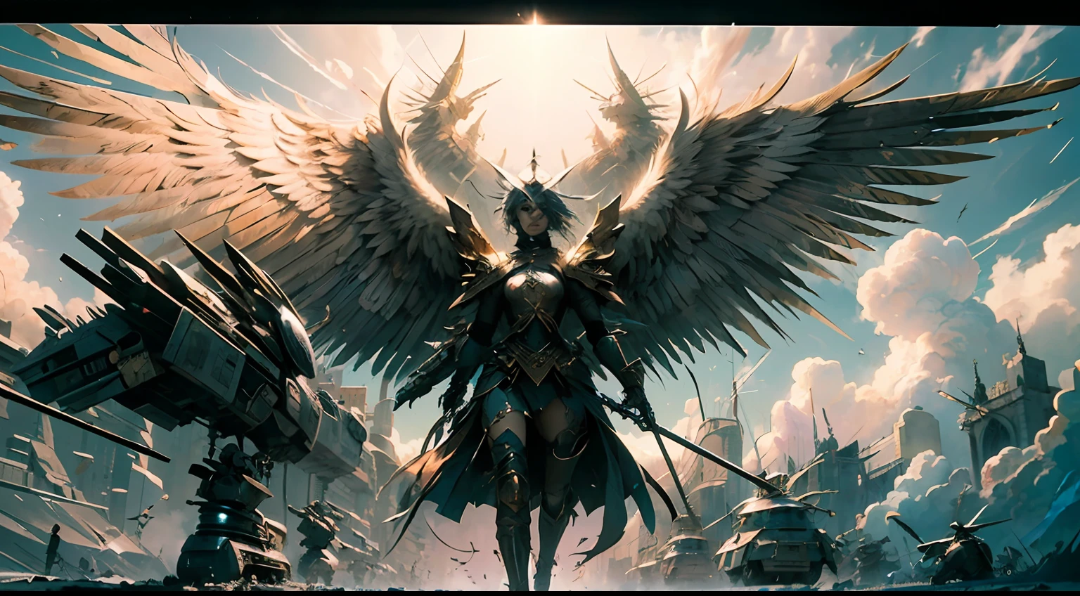 (extremely detailed 8k wallpaper) +, a mid-plane photo of a warrior, who is a herald of justice and bastion of morality, with wings on her back and a large golden dome around her, with a small enemy army advancing towards her, high detail, dramatic, sharp focus, detailed, backlighting --auto