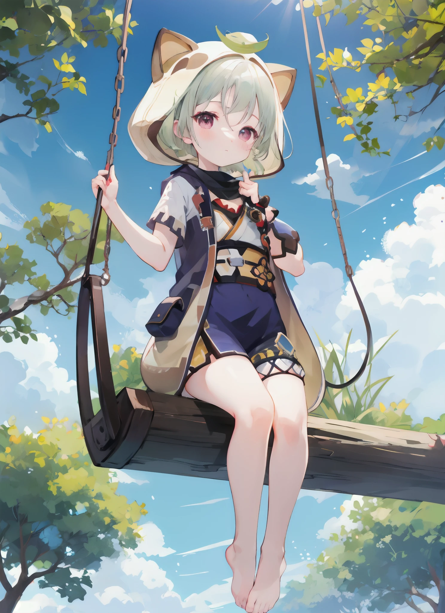 blush, outdoors, daytime, simple background, blue sky, rippled hair, sky, looking at the audience, loli, expression is cute, small short legs, avatar, barefoot, sitting, swinging legs