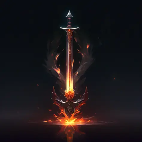 A sword, dark background, halo, sword qi, flame, mist, flowing flame,