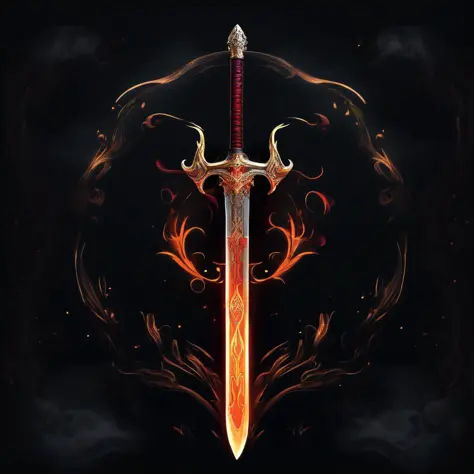A sword, dark background, halo, sword qi, flame, mist, flowing flame,