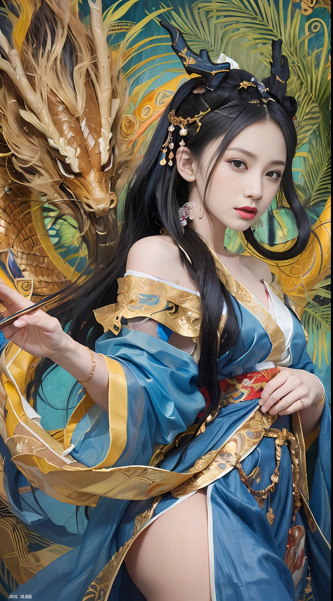 Zhong Fenghua, gorgeous hanfu, official art, Unity 8k wallpaper, super detailed, beautiful beauty, masterpiece, best quality, (tangled, tangled, tangled), (fractal art: 1.4), (character center: 1.3), 1 girl, dragon rape girl, shocking domineering chinese dragon, detailed dragon head, black hair, long ponytail, Chinese, off-the-shoulder,, very detailed, dynamic angle, denim lens with exposed leg skin, (most beautiful form of confusion), ethereal, (bright colors), oc, (half: 1.2), China, (Thangka Feitian: 1.5), (Ribbon: 1.3), (Dream: 1.5), (Hanfu: 1.5), Chinese Dragon, Chinese Phoenix, (Smile: 0.5), (Chinese God), (Masterpiece, Top Quality, Best Quality, Ultimate Detail, Highest Detail, Official Art, Beauty and Aesthetics: 1.2), Golden Ratio, Full Composition