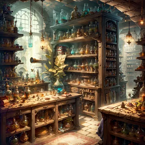 Fantasy alchemist's shop interior, potions, glass jars, books and ingredients, magical jewelry, wise man attendant