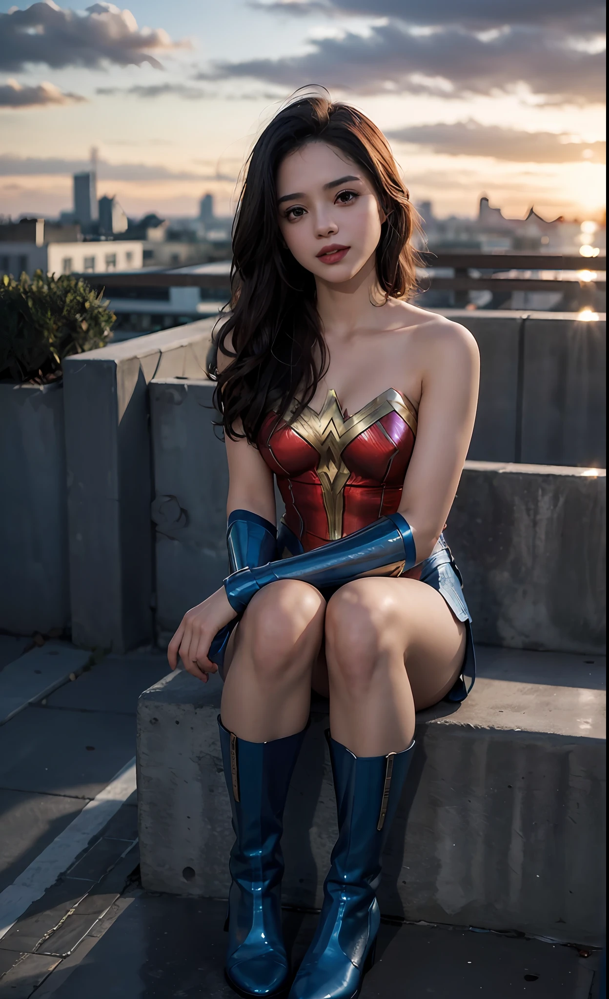 1girl, (twilight), (looking at the viewer, (biting lips)), Wonder Woman, cityscape, (flying), blue sky, cloud, lips apart, socks and blue boots,
Intricate details, highly detailed, shiny hair, shiny skin, 8K resolution, (full body)