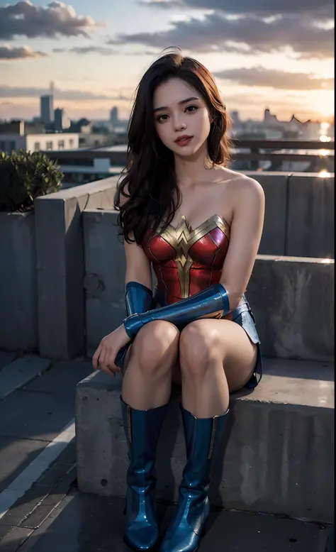 1girl, (twilight), (looking at the viewer, (biting lips)), Wonder Woman, cityscape, (flying), blue sky, cloud, lips apart, socks...