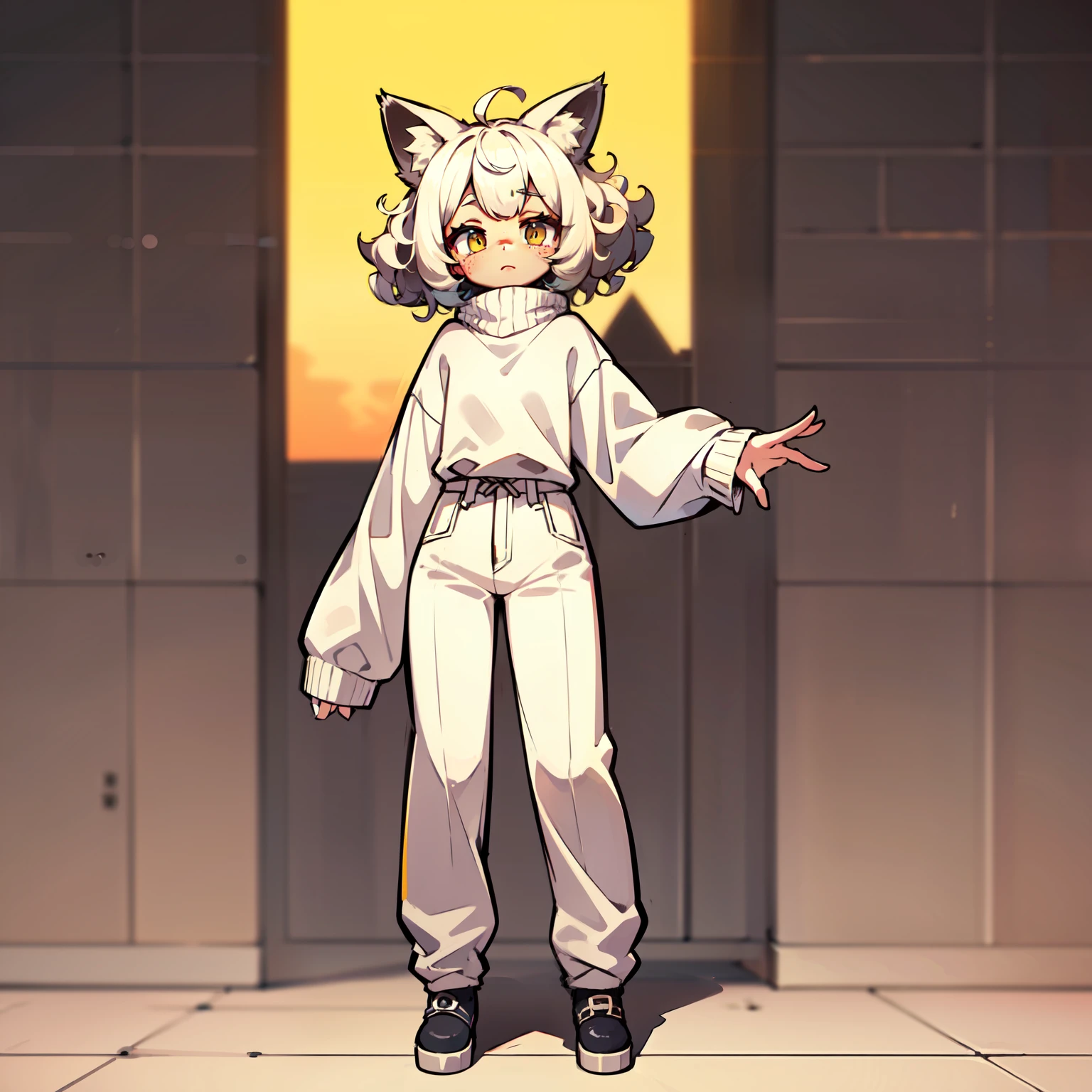 1girl with freckles, white hair, cute minimalist design freckles, freckles, fox ears and tail, sexy, curly white hair, very curly, black eyes, short curly hair, full body, cute, oversized sweater, cute pants, cute shoes, ultra resolution, brown skin, minimalist, brown skin