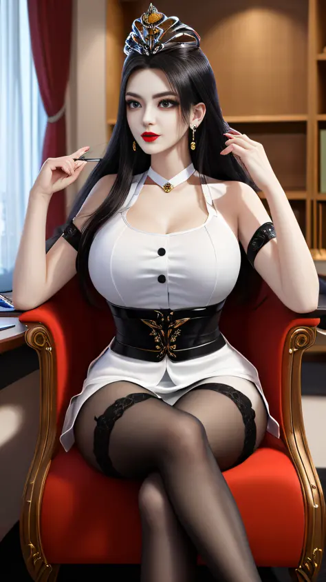 A beautiful queen, white shirt, black suit, black stockings, office, conference room, notebook, pen, beautiful face, long hair, mysterious neck and hair jewelry, light red iris, round big eyes, thin and sharp eyebrows, every detail details meticulous and s...