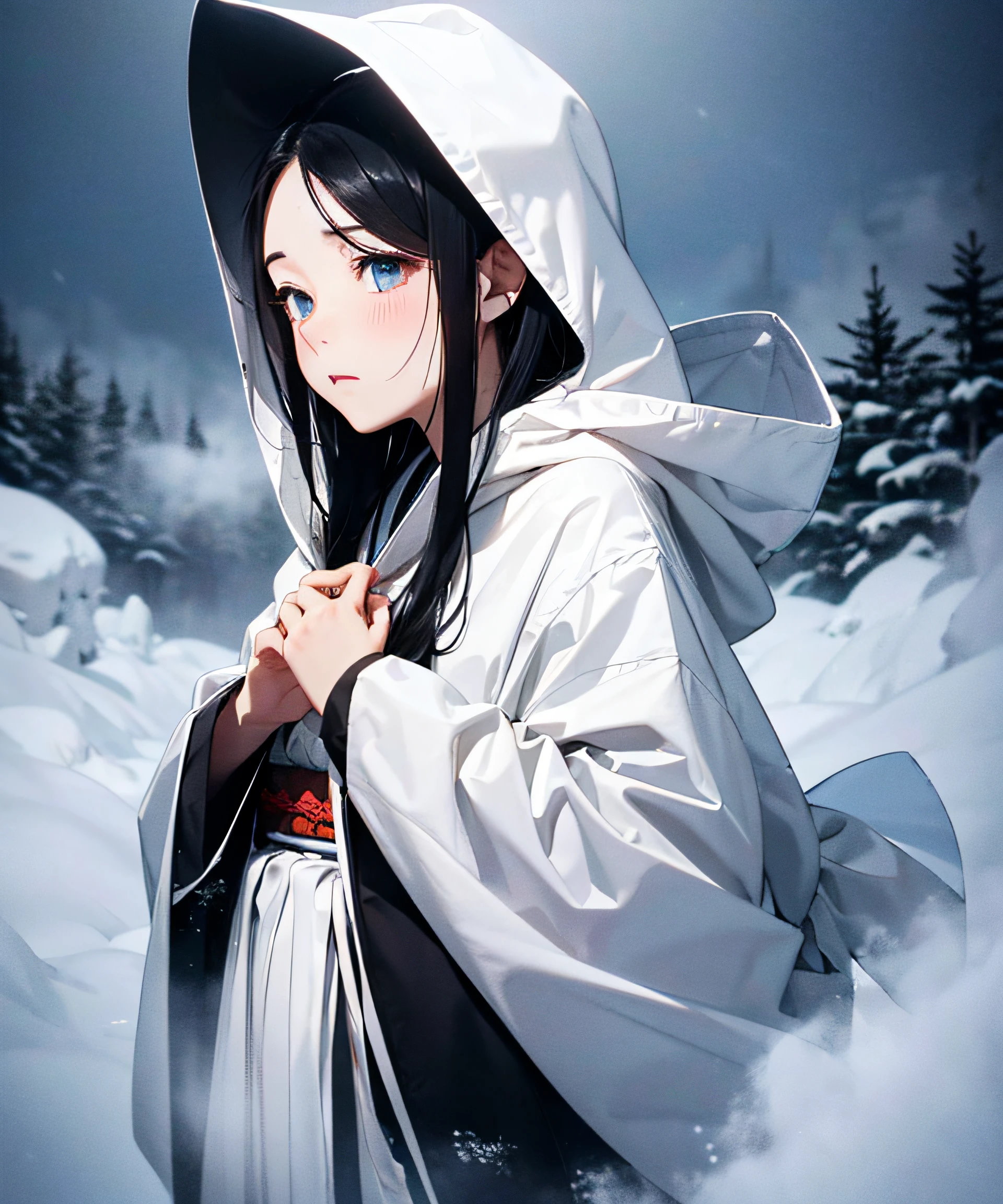 Masterpiece, Illusion, Ghost of a Girl, White Costume, ((Death Costume)), (Sutra Mail), (Triangular Hood on the Forehead), Japan Kimono, Monochrome, Full Body, (Snowy Forest), (Dream: 1.2), Scary Dream, ((Dense Fog: 1.8)), (Fog so thick that it becomes difficult to see the figure)), (Den), Dry Ice, (((Coming out of dense fog: 1.8))), ((Image born from thick fog: 1.8))), ( Gradation from white to black), (fade in from white to black), (fog dissipation: 1.5), (snowstorm: 1.5), earth storm, dead trees, deep forest, (falling snow: 1.5), anger, sadness, melancholy, beautiful snow woman, beautiful and beautiful, sea of clouds, above clouds, night, moonlight, long black hair, hair glossy