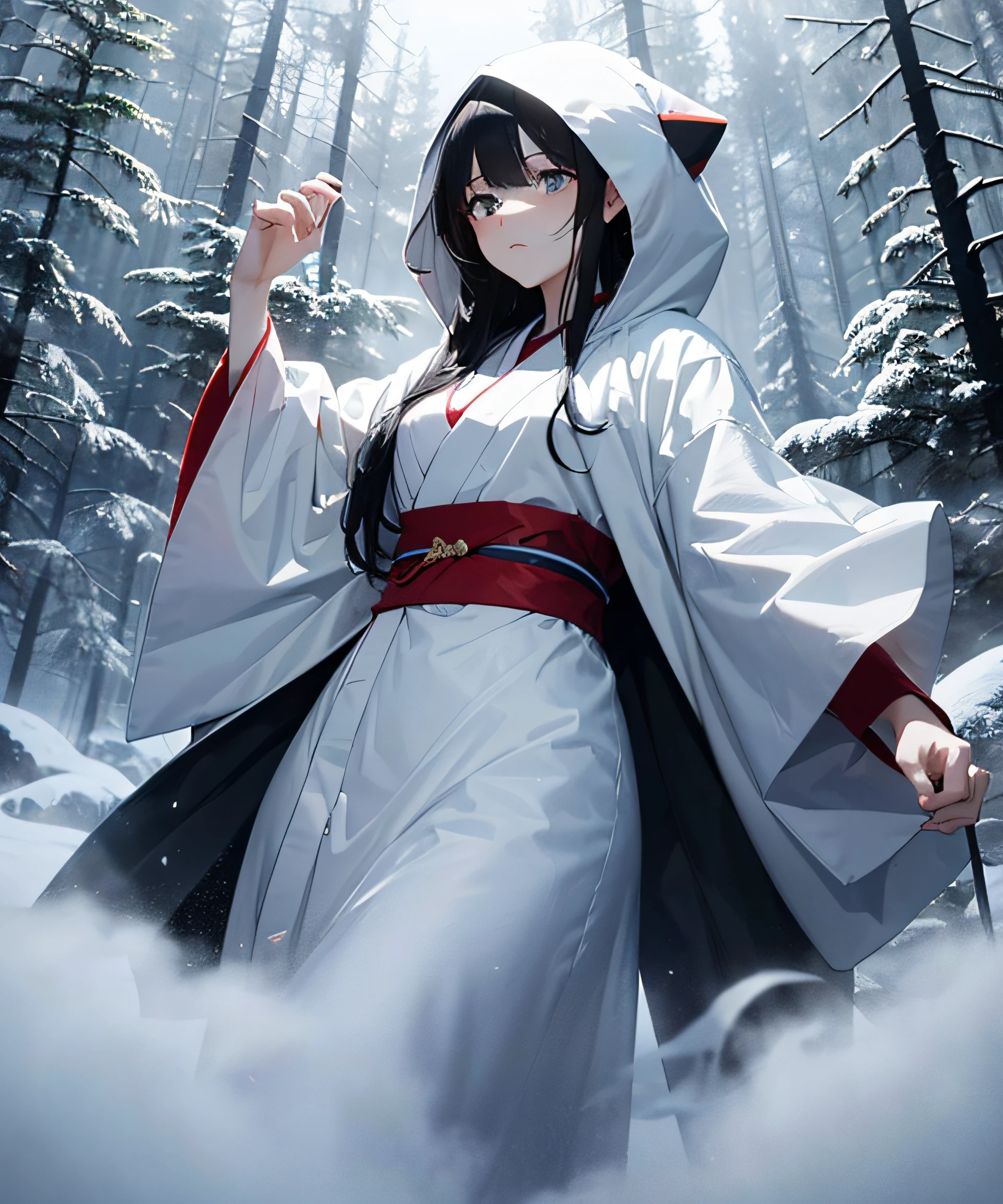 Masterpiece, Illusion, Ghost of a Girl, White Costume, ((Death Costume)), (Sutra Mail), (Triangular Hood on the Forehead), Japan Kimono, Monochrome, Full Body, (Snowy Forest), (Dream: 1.2), Scary Dream, ((Dense Fog: 1.8)), (Fog so thick that it becomes difficult to see the figure)), (Den), Dry Ice, (((Coming out of dense fog: 1.8))), ((Image born from thick fog: 1.8))), ( Gradation from white to black), (fade in from white to black), (fog dissipation: 1.5), (snowstorm: 1.5), earth storm, dead trees, deep forest, (falling snow: 1.5), anger, sadness, melancholy, beautiful snow woman, beautiful and beautiful, sea of clouds, above clouds, night, moonlight, long black hair, hair glossy