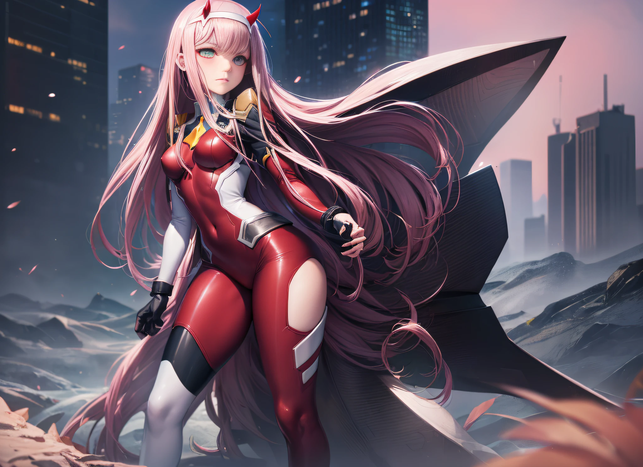 (((full body)),zero two \(darling in franxx\), darling in franxx, 1girl, bangs, bite, blush, eyeshadow, green eyes, hair behind head, horns, long hair, makeup, pink hair, red eyeshadow, science fiction, tight skin, solo. (( front)) ,(((side))) (((back))) , thighs, small breasts