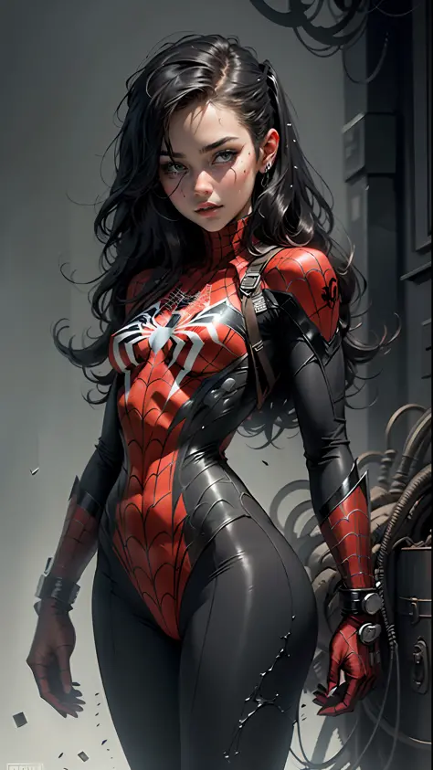 Beautiful woman detailed defined body using Spider-Man role-playing, small breasts, black and white color scheme