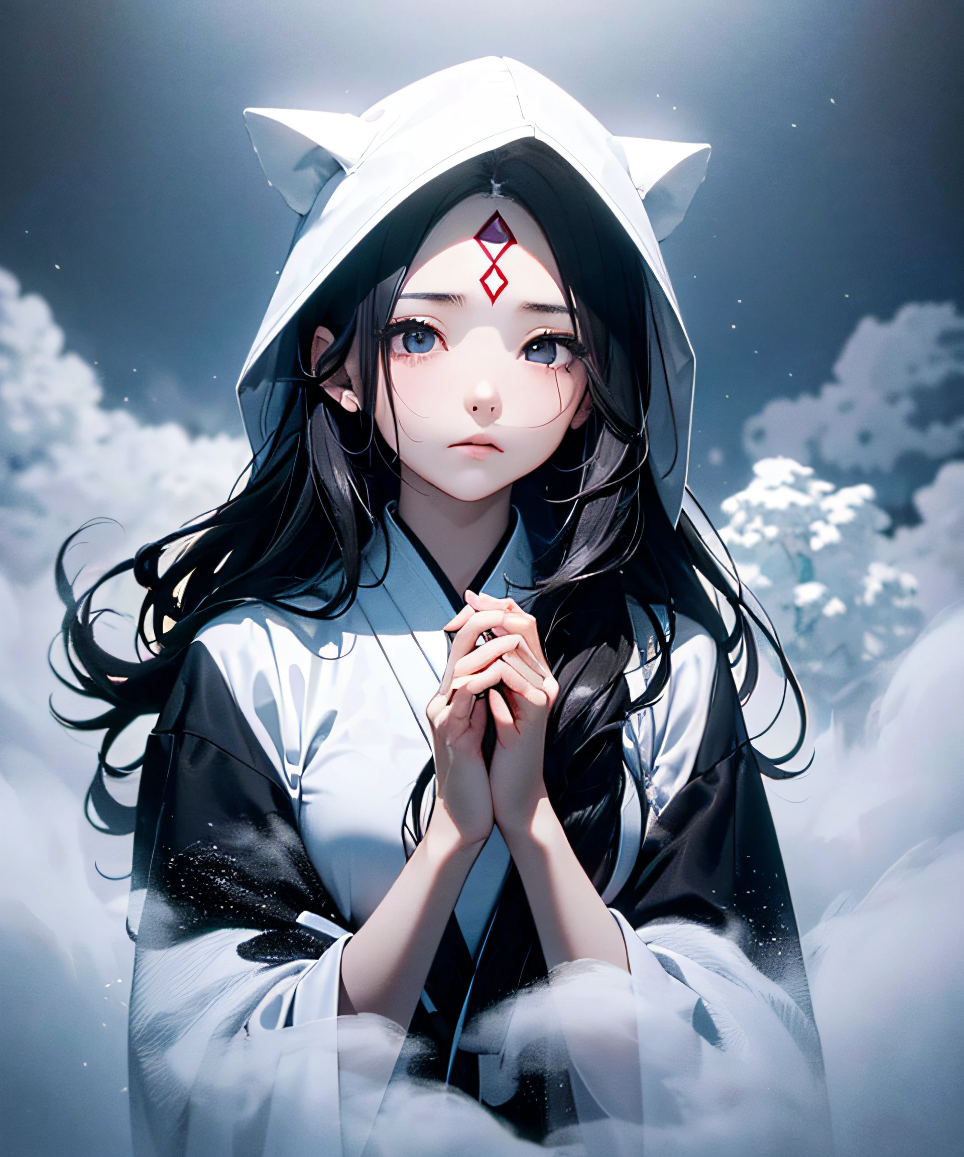 Masterpiece, Illusion, Ghost of a Girl, White Costume, ((Death Costume)), (Sutra Mail), (Triangular Hood on the Forehead), Japan Kimono, Monochrome, Full Body, (Snowy Forest), (Dream: 1.2), Scary Dream, ((Dense Fog: 1.8)), (Fog so thick that it becomes difficult to see the figure)), (Den), Dry Ice, (((Coming out of dense fog: 1.8))), ((Image born from thick fog: 1.8))), ( Gradation from white to black), (fade in from white to black), (fog dissipation: 1.5), (snowstorm: 1.5), earth storm, dead trees, deep forest, (falling snow: 1.5), anger, sadness, melancholy, beautiful snow woman, beautiful and beautiful, sea of clouds, above clouds, night, moonlight, long black hair, hair glossy