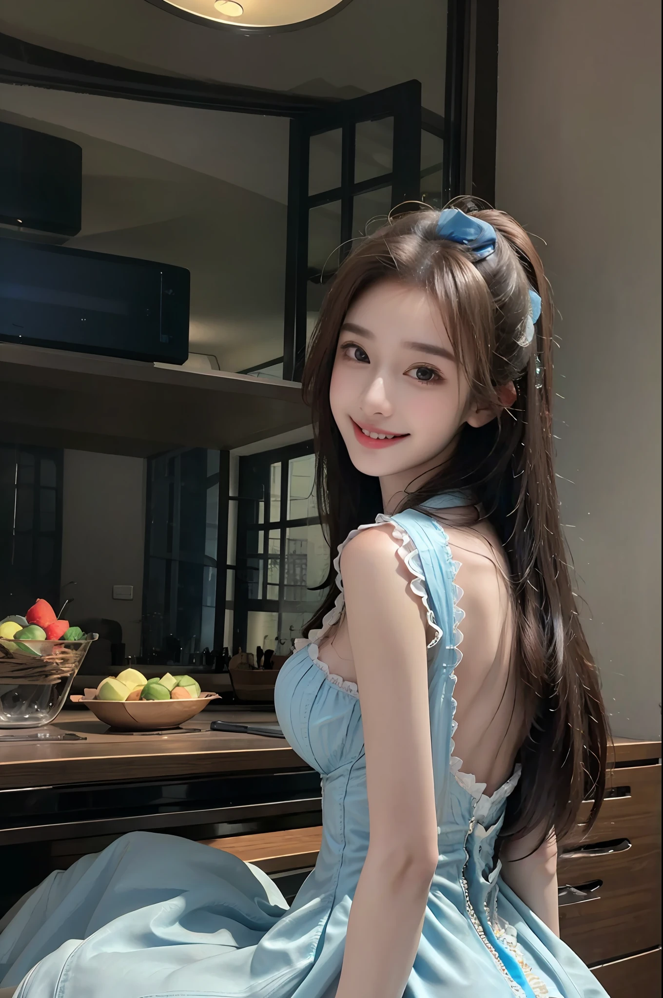 Realistic, High resolution, 1 girl, long hair, Korean, smiling, slightly hunched, big breasts: 1.2, (((blue Lolita dress))), back turn, kitchen, fruit, real photo, reclining