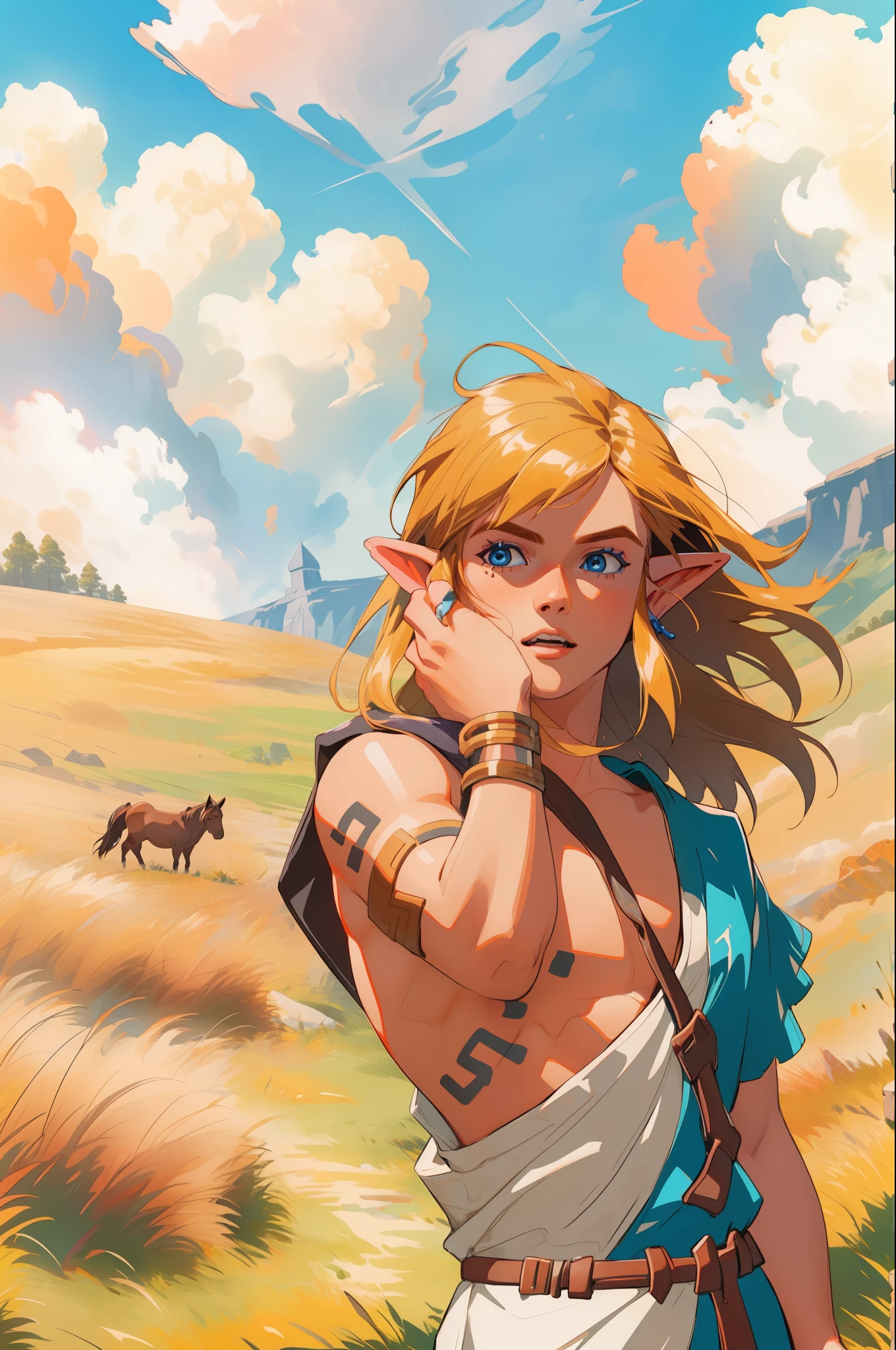 (Award Winning Digital Artwork:1.3) of (Ultra detailed:1.3) 1boy, leaning, seducing, blue eyes, blond hair, beautiful forest, shirtless,handsome, straps, gorgeous,CGSociety,ArtStation, forest, fantasy, breath of the wild, botw, extremely detailed face, gorgeous face, beautiful detailed eyes, clear eyes, beautiful hair. Hyrule kingdom, rolling hills, amazing background, beautiful fields, wild horses, hawks, deers, wild life, wide open fields, dancing grass, blue skies, lovely skies, big clouds, masterpiece, perfections, golden ratio, perfect design, rule of thirds,