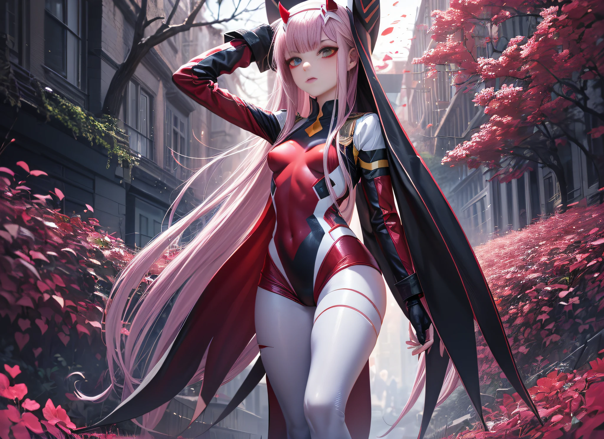 (((full body)),zero two \(darling in franxx\), darling in franxx, 1girl, bangs, bite, blush, eyeshadow, green eyes, hair behind head, horns, long hair, makeup, pink hair, red eyeshadow, science fiction, tight skin, solo. (( front)) ,(((side))) (((back))) , thighs, small breasts