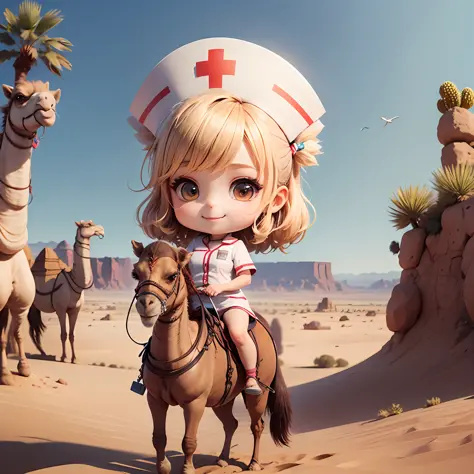 masterpiece, top quality, super detailed, daughter, chibi character, nurse uniform, smile, mouth open, bohemian hair, desert, na...