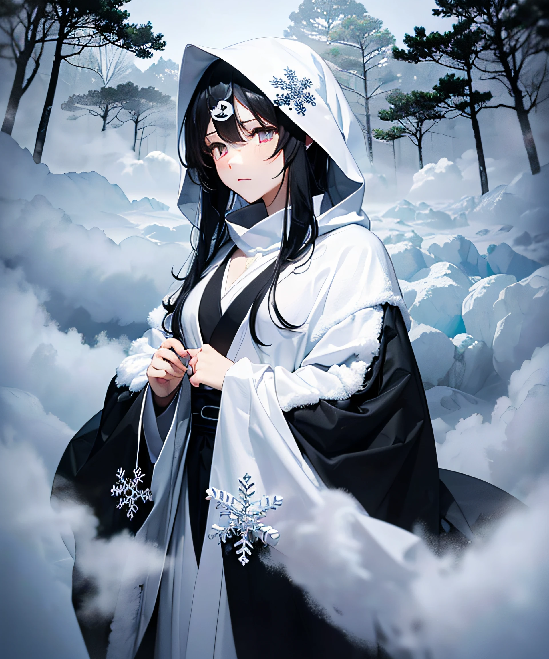 Masterpiece, Illusion, Ghost of a Girl, White Costume, ((Death Costume)), (Sutra Mail), (Triangular Hood on the Forehead), Japan Kimono, Monochrome, Full Body, (Snowy Forest), (Dream: 1.2), Scary Dream, ((Dense Fog: 1.8)), (Fog so thick that it becomes difficult to see the figure)), (Den), Dry Ice, (((Coming out of dense fog: 1.8))), ((Image born from thick fog: 1.8))), ( Gradation from white to black), (fade in from white to black), (fog dissipation: 1.5), (snowstorm: 1.5), earth storm, dead trees, deep forest, (falling snow: 1.5), anger, sadness, melancholy, beautiful snow woman, beautiful and beautiful, sea of clouds, above clouds, night, moonlight, long black hair, hair glossy