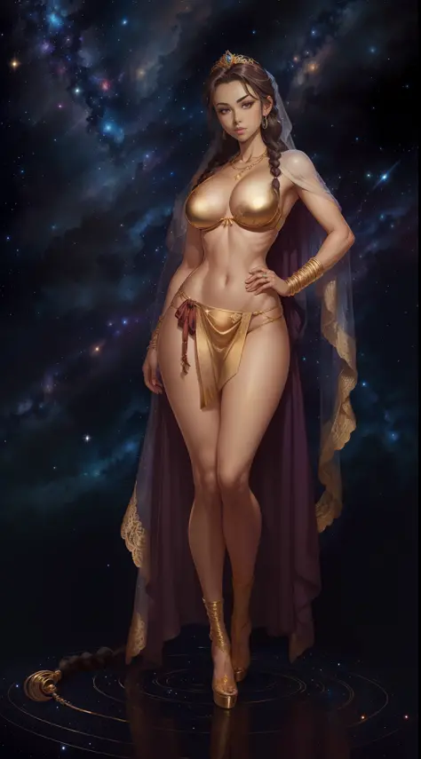 ((full body)), (((head to toe))), 1 female, solo, beautiful blushing slender Goddess of Virgo (((with braided hair))), small bust, narrow waist, thin legs, (((against Leo starry sky background))), (((gorgeous gold lace brassiere, loincloth))), peridot neck...