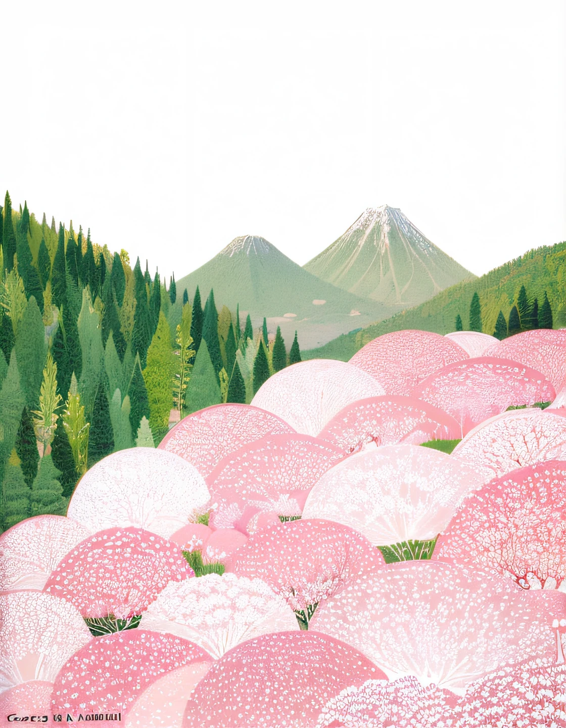 there is a picture of a pink flower field with mountains in the background, cherry blossom forest, background of flowery hill, japan mountains, pink forest, pink landscape, landscape illustration, lush sakura, mount fuji background, mythical floral hills, lush sakura trees, mountain forest in background, japanese landscape, mountainous background, sakura trees, detailed scenery —width 672