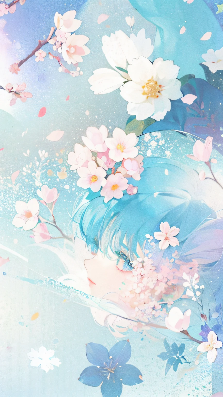 there is a picture of a blue and pink background with flowers, pastel flowery background, flowing sakura-colored silk, flowing sakura silk, by Eizan Kikukawa, background pastel, flower blossoms, sakura bloomimg, pastel flower petals flying, anime background, flowery wallpaper, けもの, seasons!! : 🌸 ☀ 🍂 ❄, cherry blossom