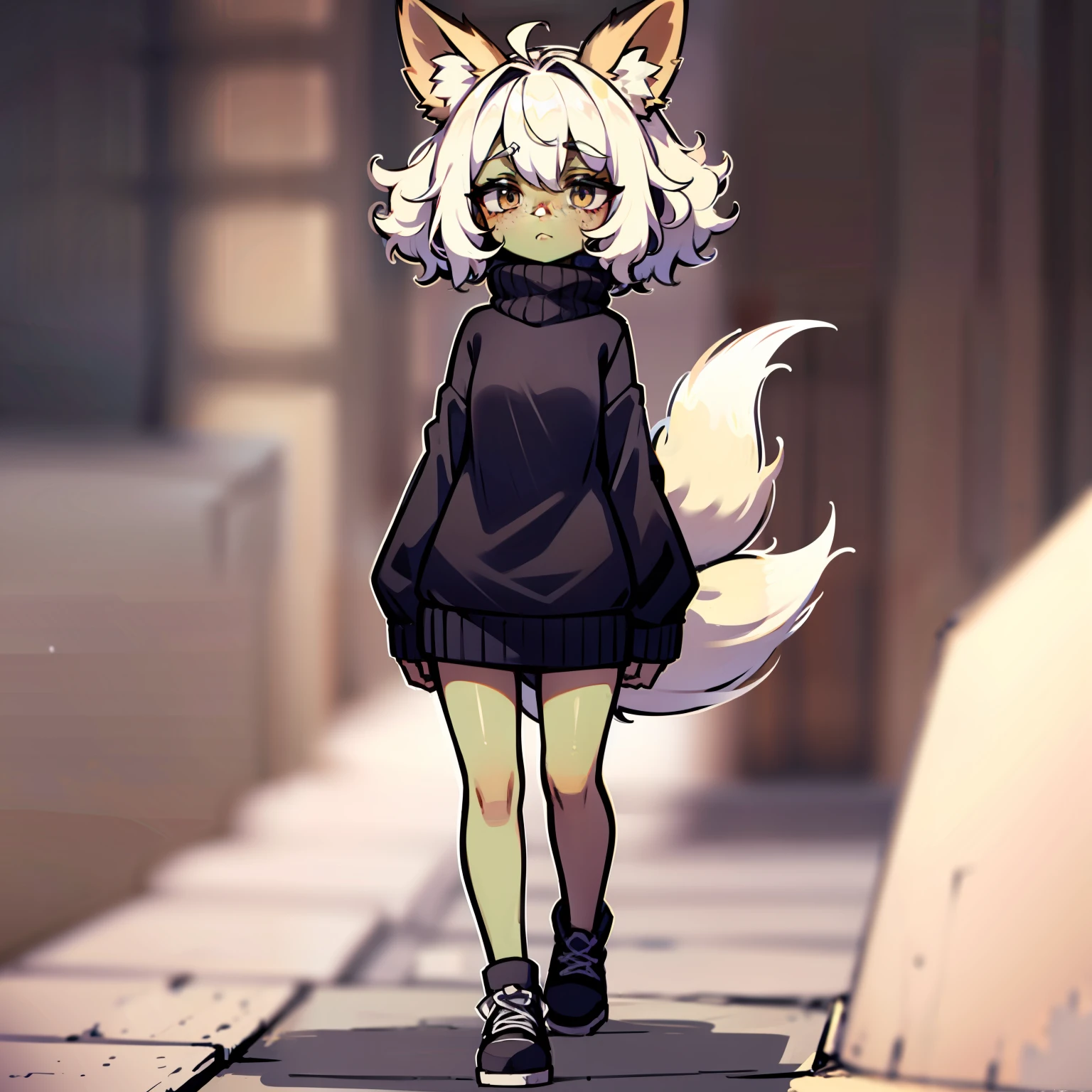 1woman with freckles, white hair, beautiful minimalist design freckles, freckles, fox ears and tail, dark skin, curly white hair, very curly, black eyes, black eye, shy look, short curly hair, full body, cute, oversized sweater full of soft colors, cute skirt, cute shoes, ultra resolution, brown skin, minimalist, brown skin, fox tail, fox ears