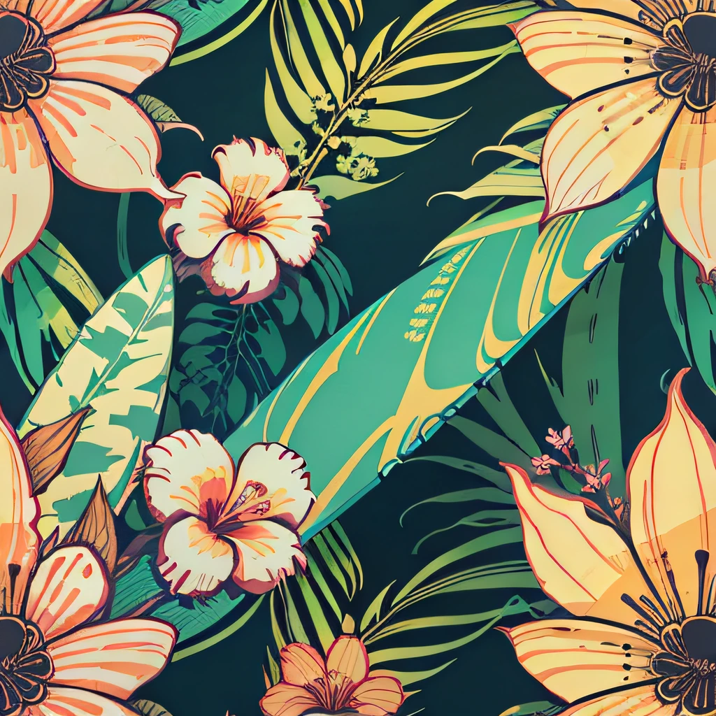 Ultra modern surf-style wallpaper, with a print of Hawaiian flowers and medium-sized tropical foliage, bright colors that combine perfectly and harmoniously. Summer 2023 style. High print resolution. (seamless and seamless) in a detailed, high-resolution print.