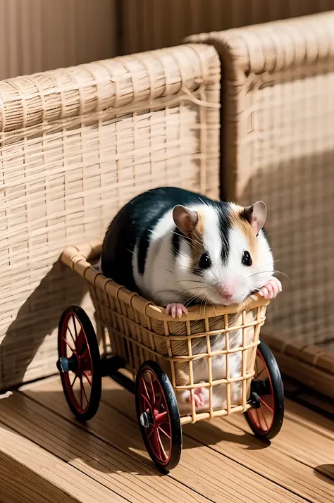 A cute hamster is rowing on wheels